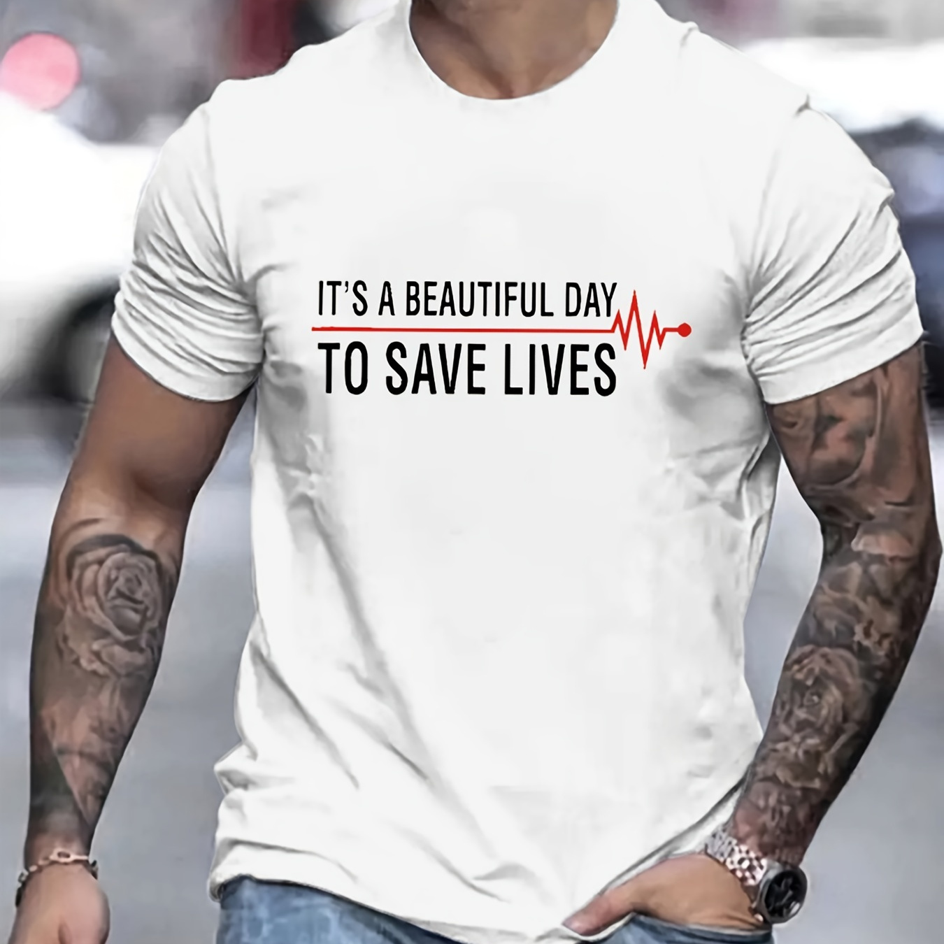 

It's A Beautiful Day To Save Lives Print T Shirt, Tees For Men, Casual Short Sleeve T-shirt For Summer