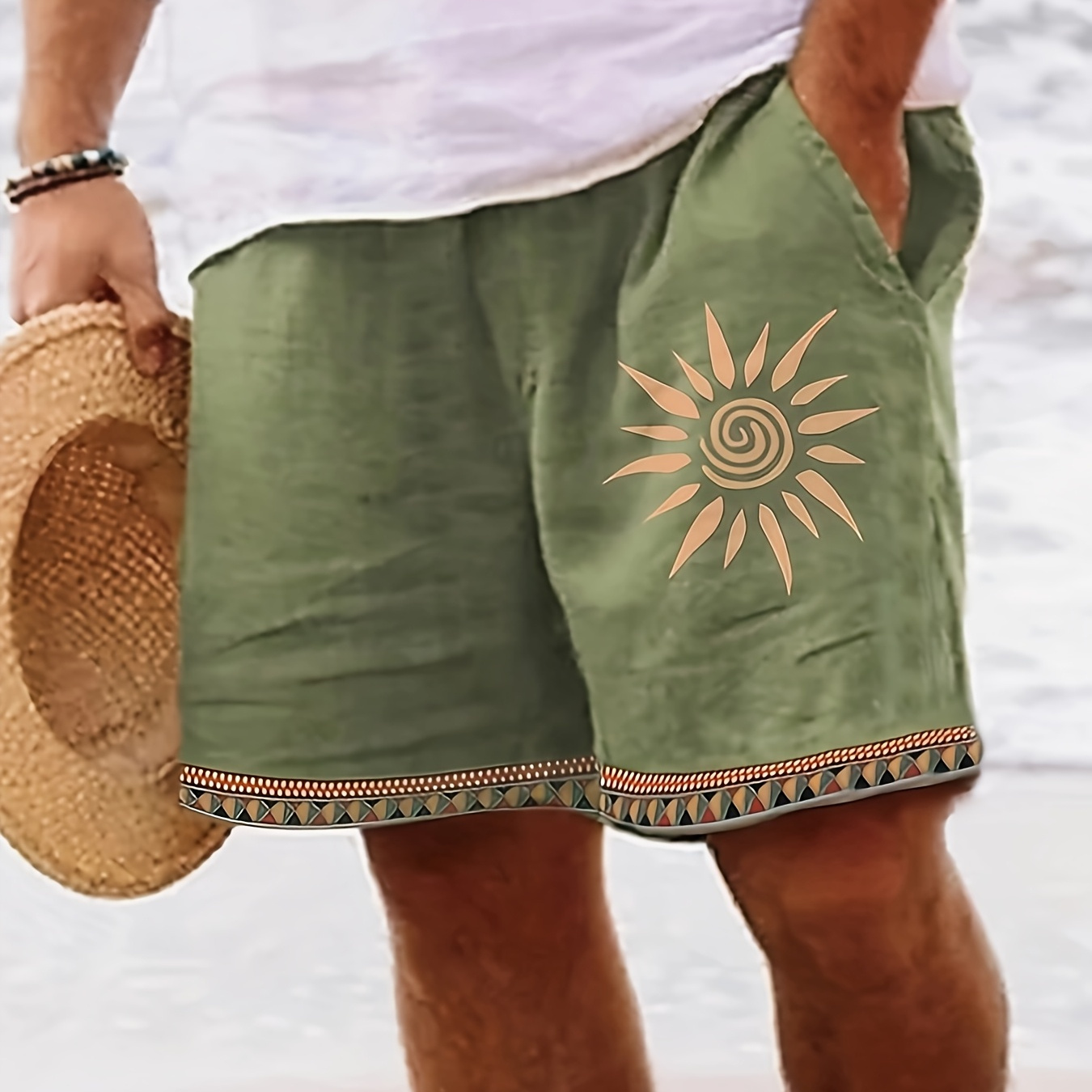 

Men' Printed Shorts With Green Casual Ethnic Sun , Drawstring, Non-stretch Polyester Fabric - Ideal For Christmas, Thanksgiving, New Year Parties And Summer Outdoor Wear