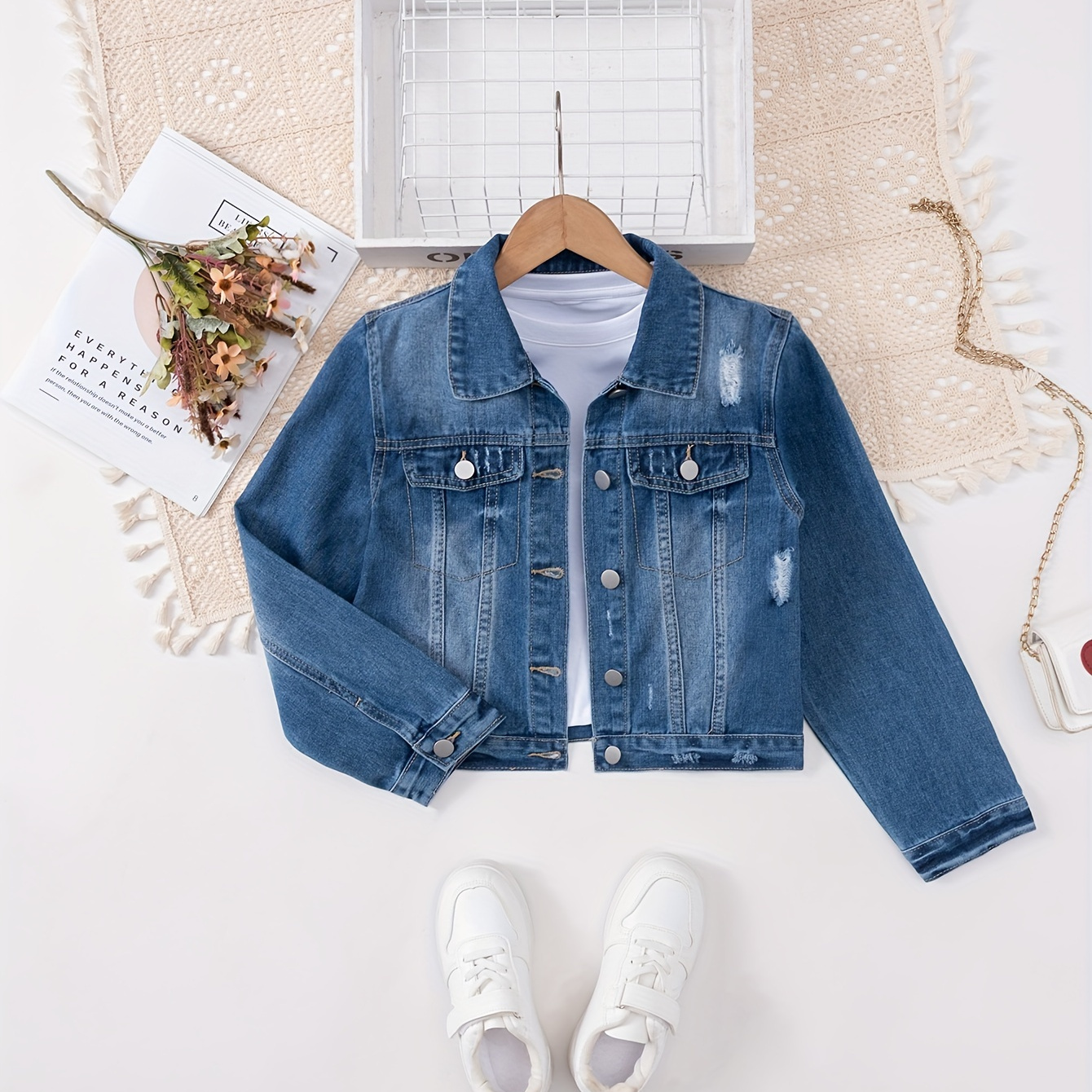 

Tween Girls Casual Ripped Denim Jacket Lapel Button Front Versatile Jackets