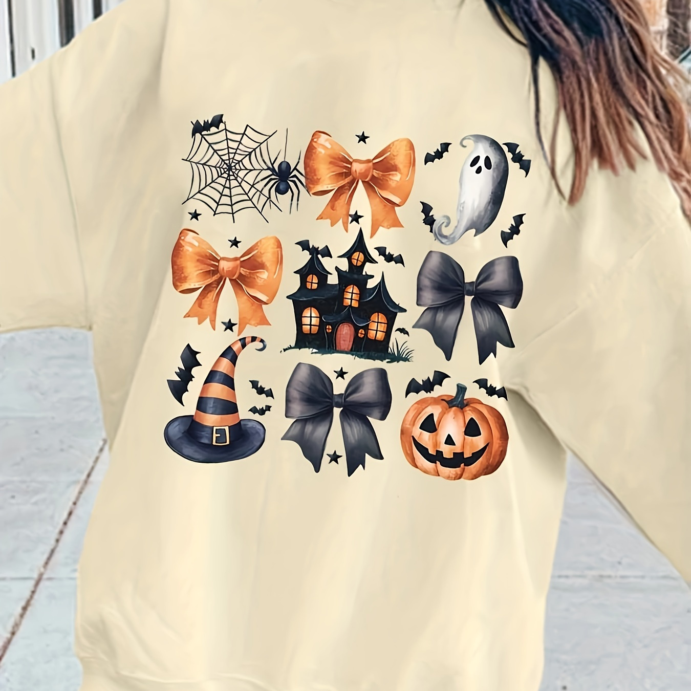 

Women's Cozy Pumpkin & Bow Print Sweatshirt - Crew Neck, Casual Fit For Fall/winter, Machine Washable