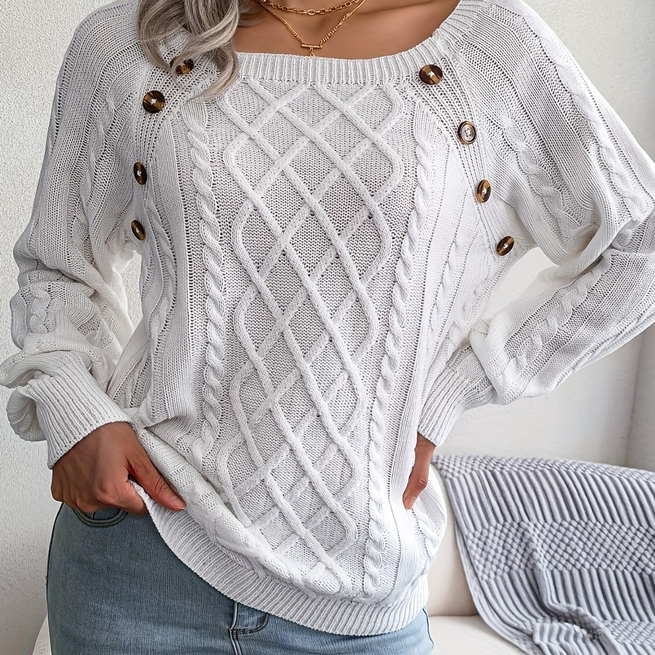 Solid Cable Knit Sweater, Casual Crew Neck Long Sleeve Sweater, Women's Clothing