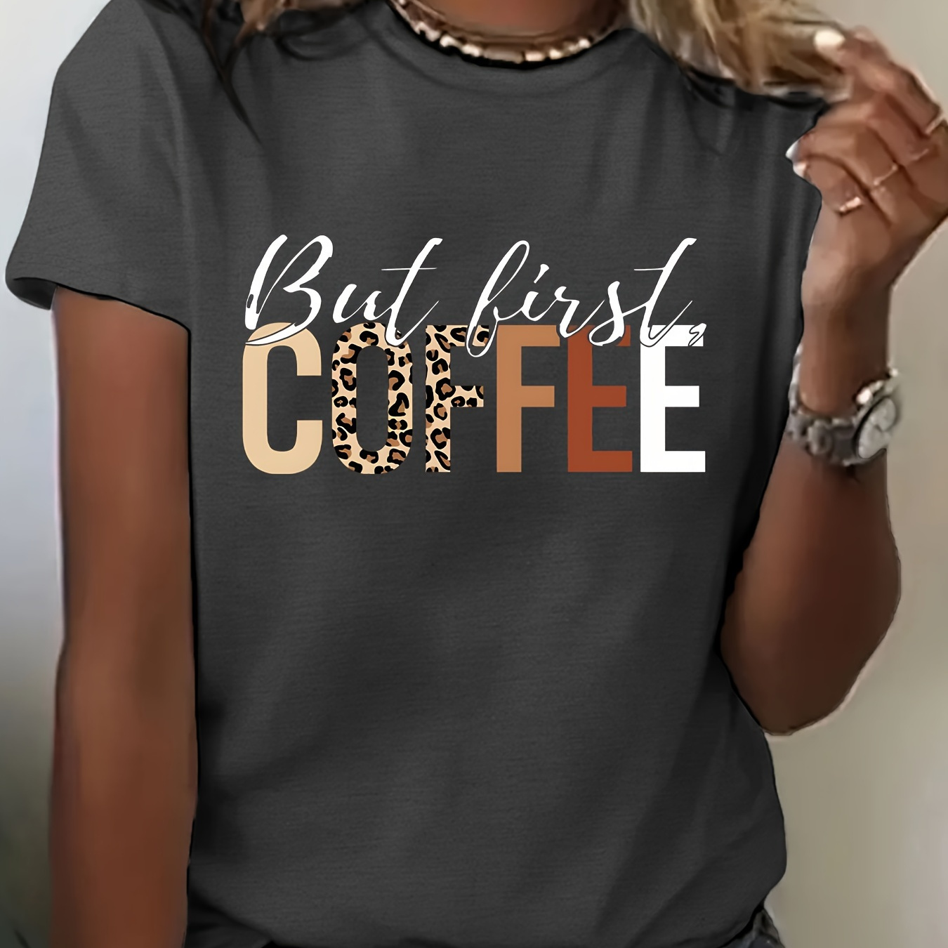 

Coffee Print Crew Neck T-shirt, Casual Short Sleeve Top For Spring & Summer, Women's Clothing