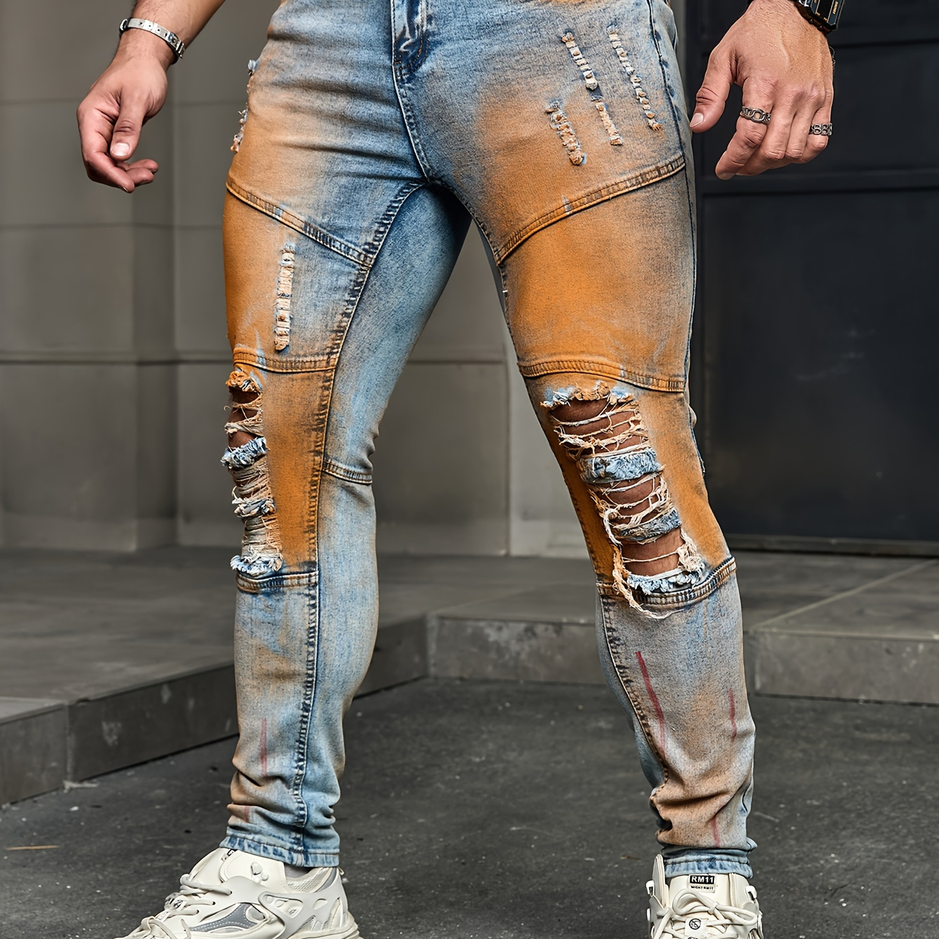 

Men's Casual Ripped Jeans, Slim Fit Distressed Denim Pants, Street Style Pants With Multiple Pockets