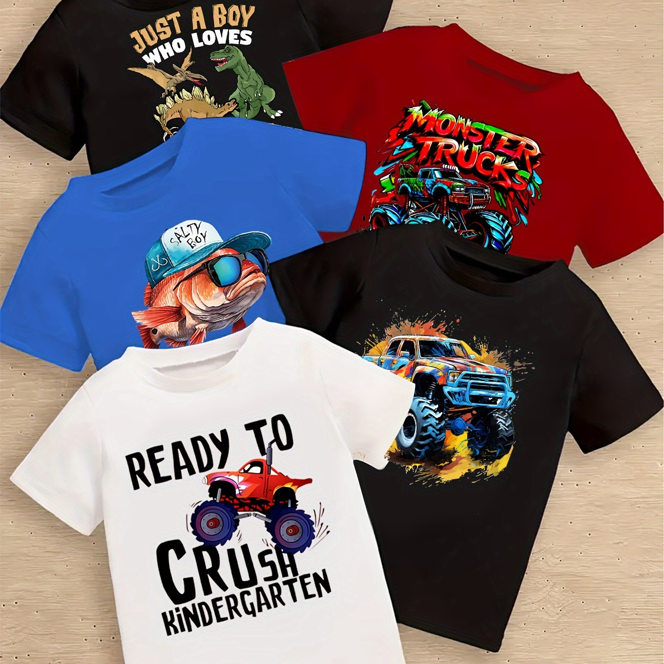 

5pcs Boys' Summer T-shirts - Vibrant Cartoon Designs, Soft Polyester Blend, Short Sleeve, Round Neck - Perfect For Casual