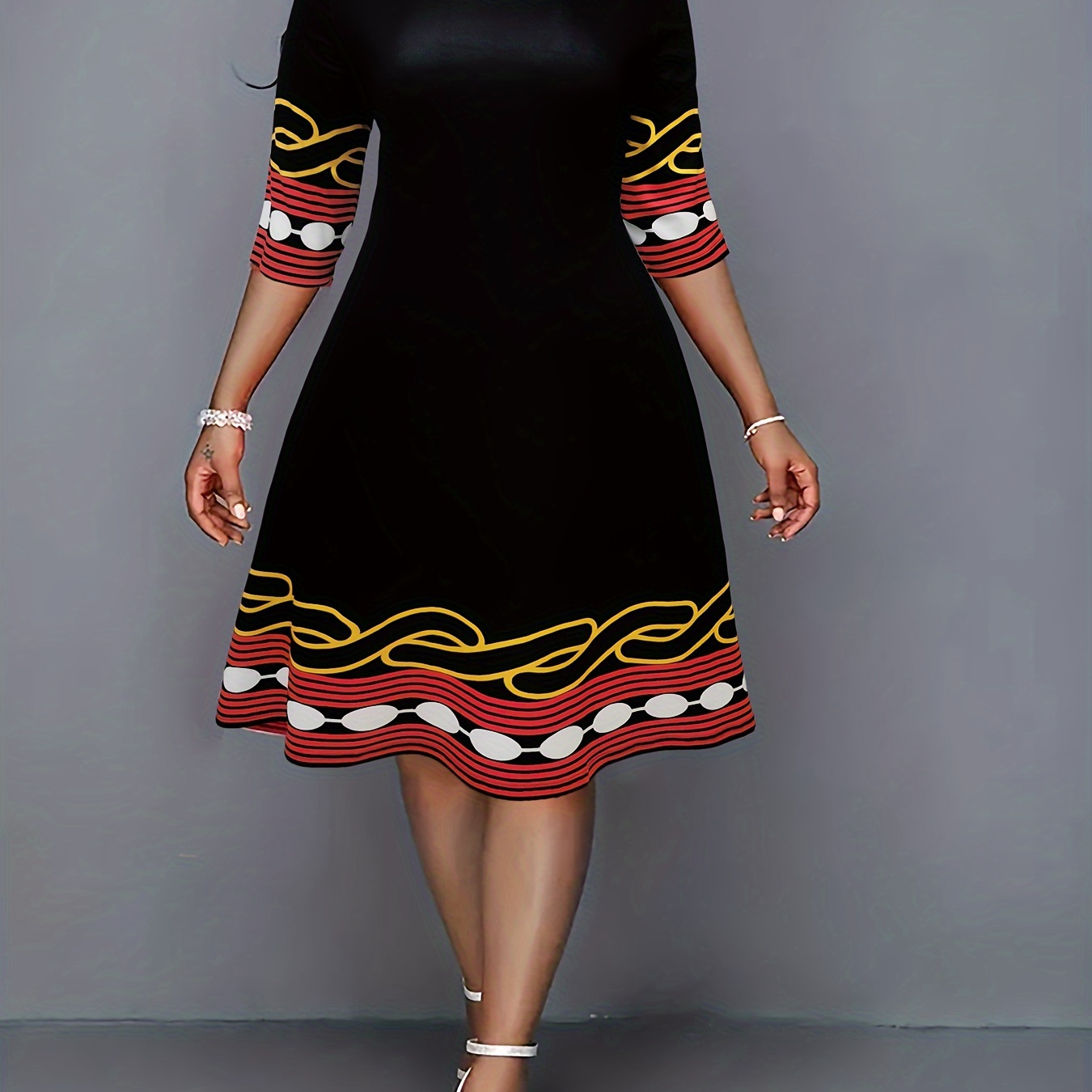 

Plus Size Elegant Dress, Women's Plus Stripe & Geometric Print Half Sleeve Round Neck Knee Length Dress