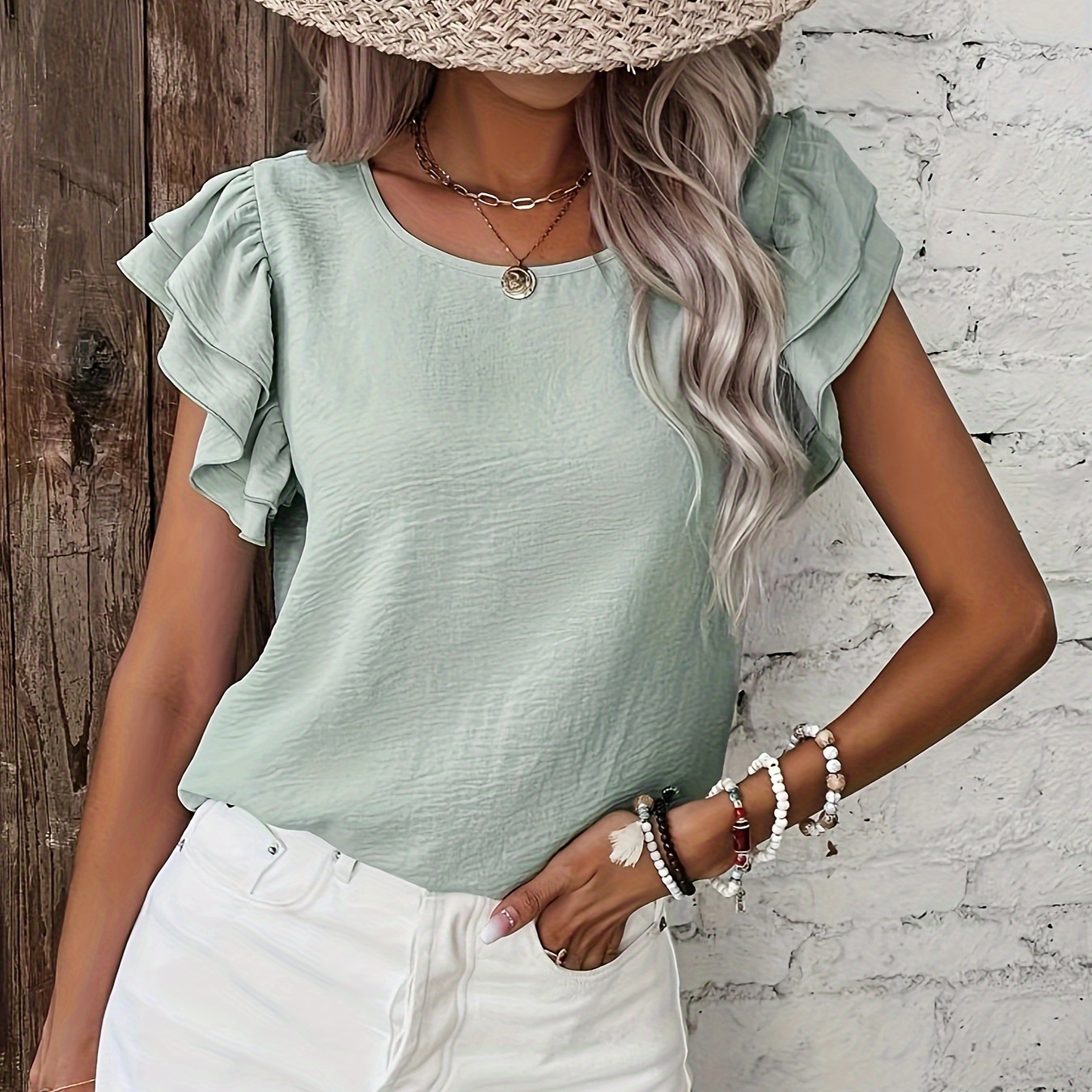 

Solid Color Crew Neck Blouse, Elegant Tiered Ruffle Sleeve Blouse For Spring & Summer, Women's Clothing