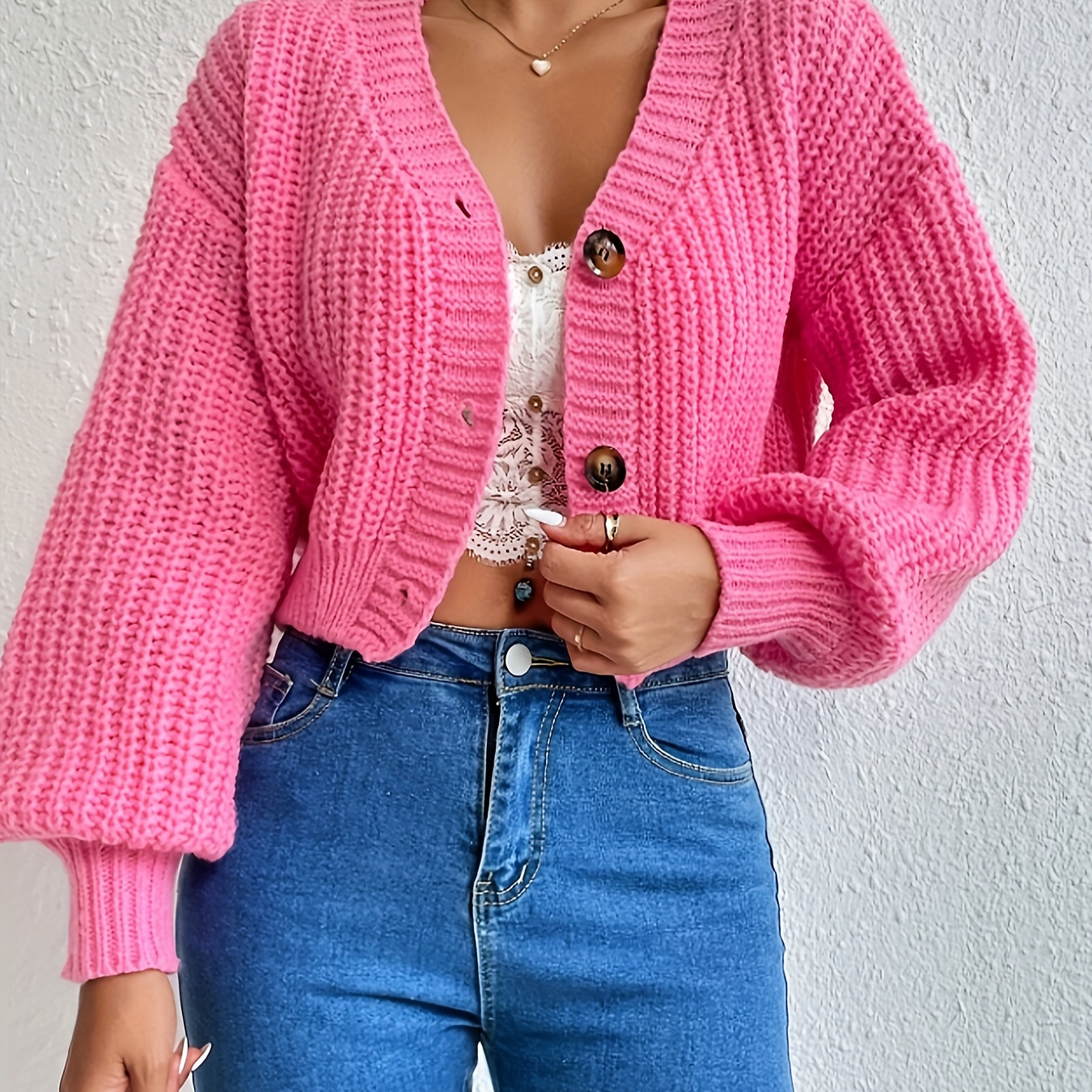 

Cardigan en épais à manches lanterne, élégant cardigan boutonné uni pour et , vêtements pour femmes