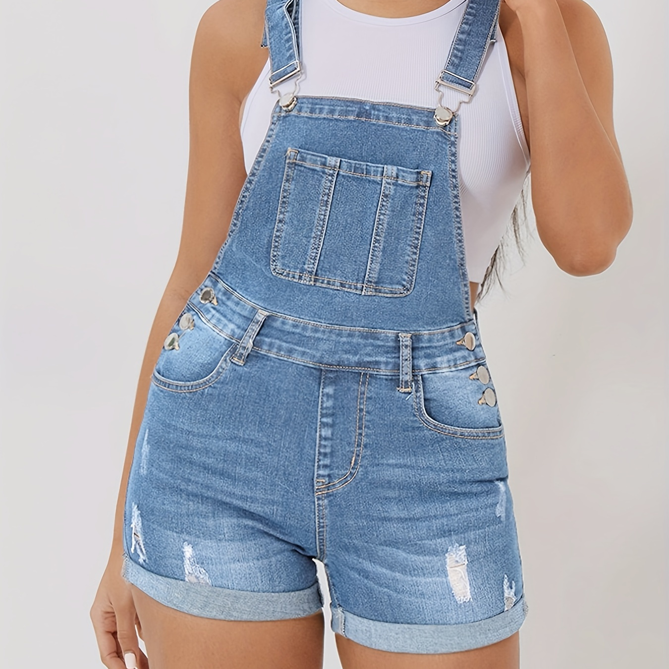 Blue Adjustable Straps Denim Jumpsuit, High Stretch Slim Fit Slant Pockets Denim  Overalls, Women's Denim Clothing - Temu