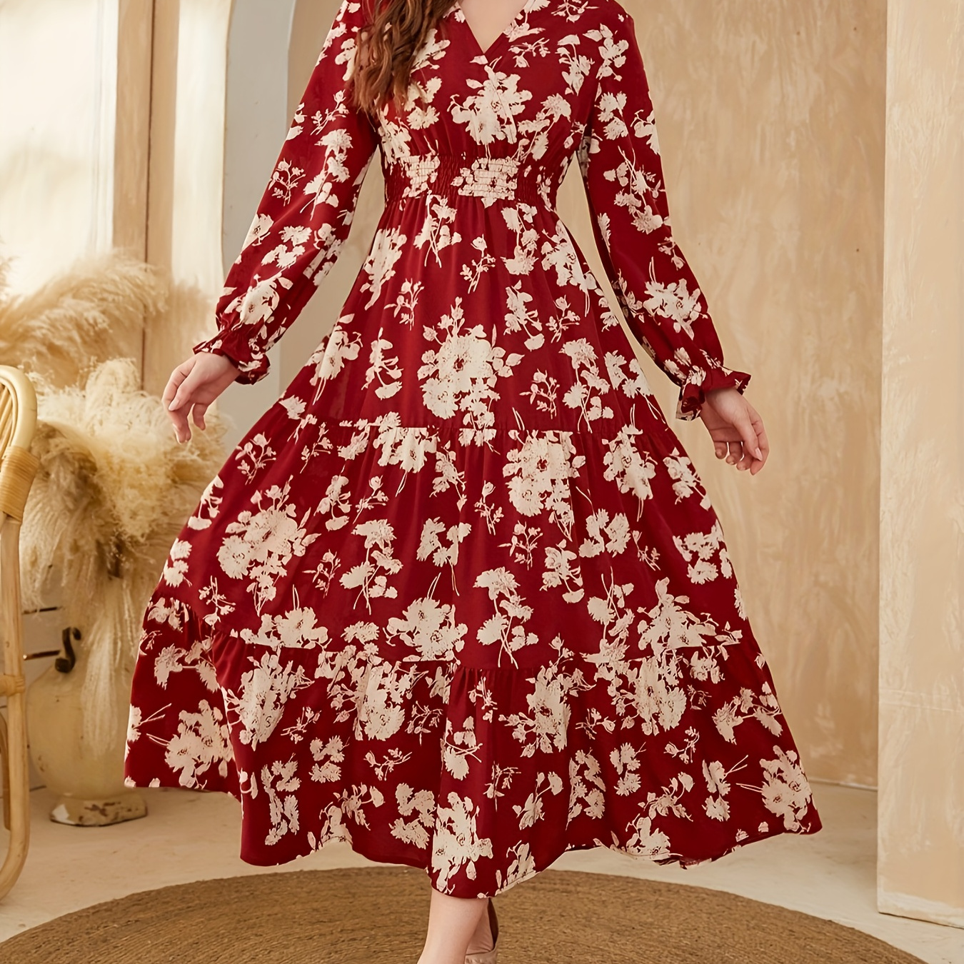 

Floral Print Ruffle Hem A-line Dress, Elegant Surplice Neck Long Sleeve Shirred Waist Dress For Fall, Women's Clothing