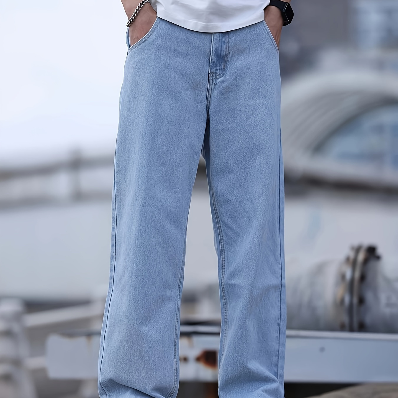 

Men's Casual Denim Wide-leg Pants - Solid Color, Woven, Unstretched Fabric, Loose Fit, , For Casual - Style