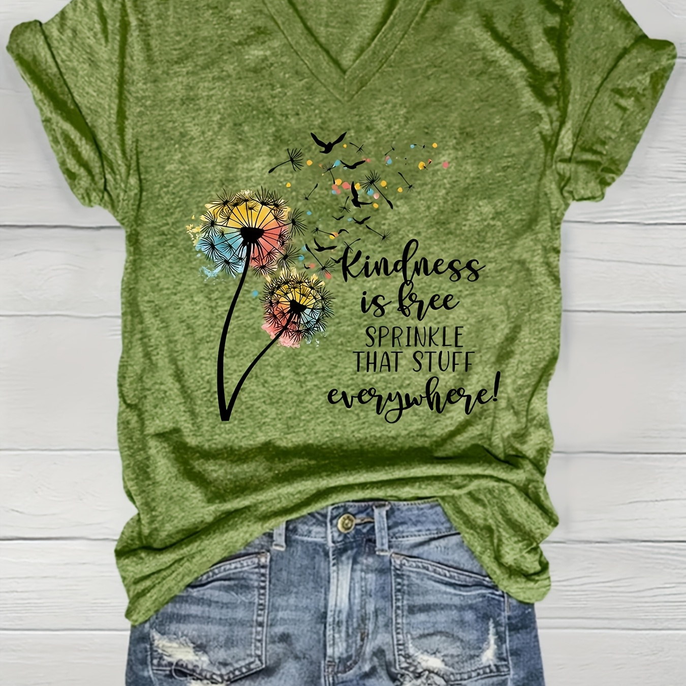 

Women's Inspirational Dandelion Graphic V-neck T-shirt, Casual Polyester Blend Tee, With Stretch, For Summer Knit Fabric Top