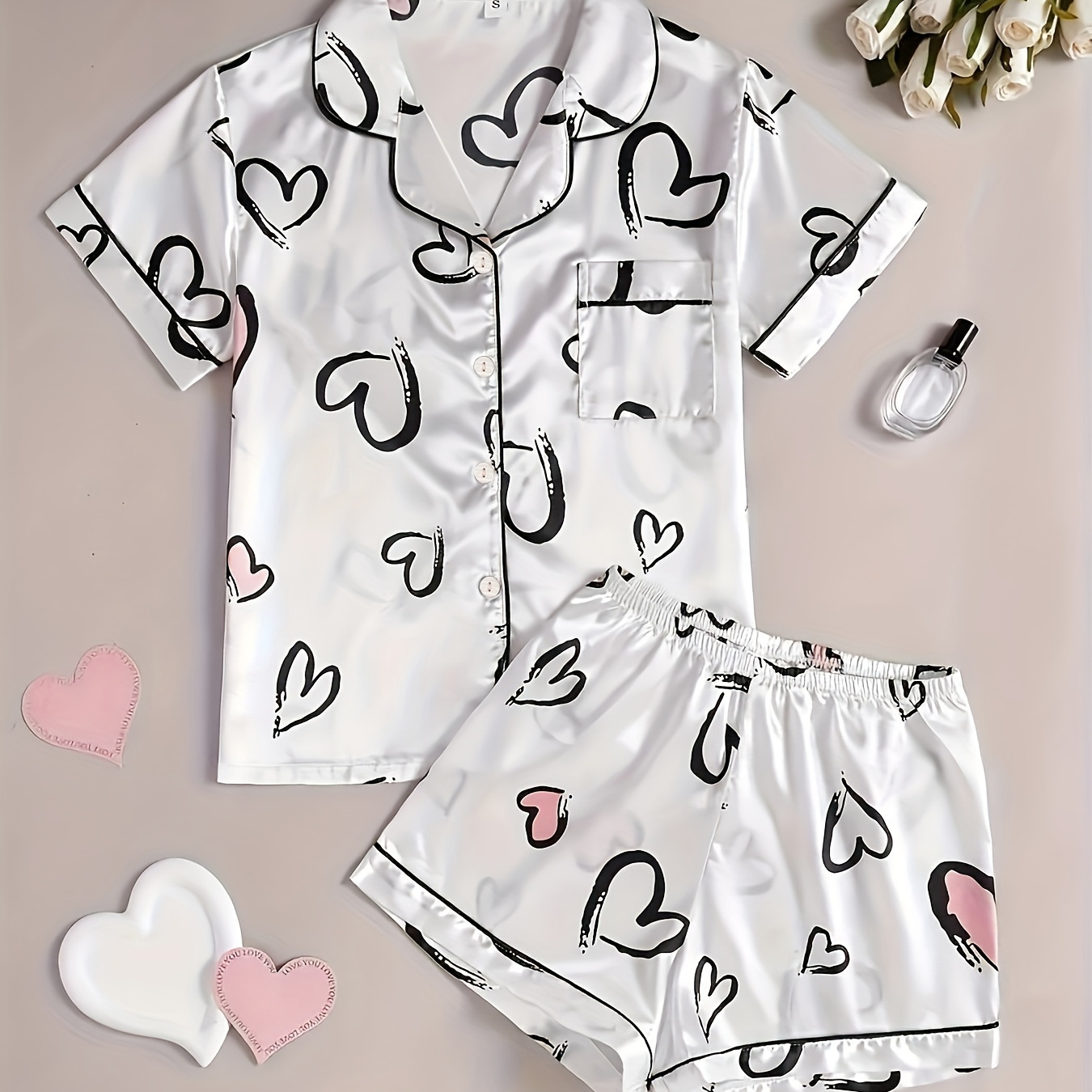 

Print Satin Pajama Set, Casual Short Sleeve Top & Shorts, Polyester Elastane , Lapel Collar, Patterned, All Season