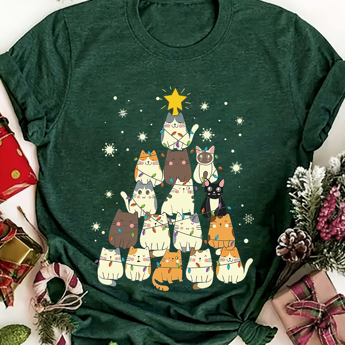 

's Christmas Tree Cat T-, Top, , Summer , Regular Length,