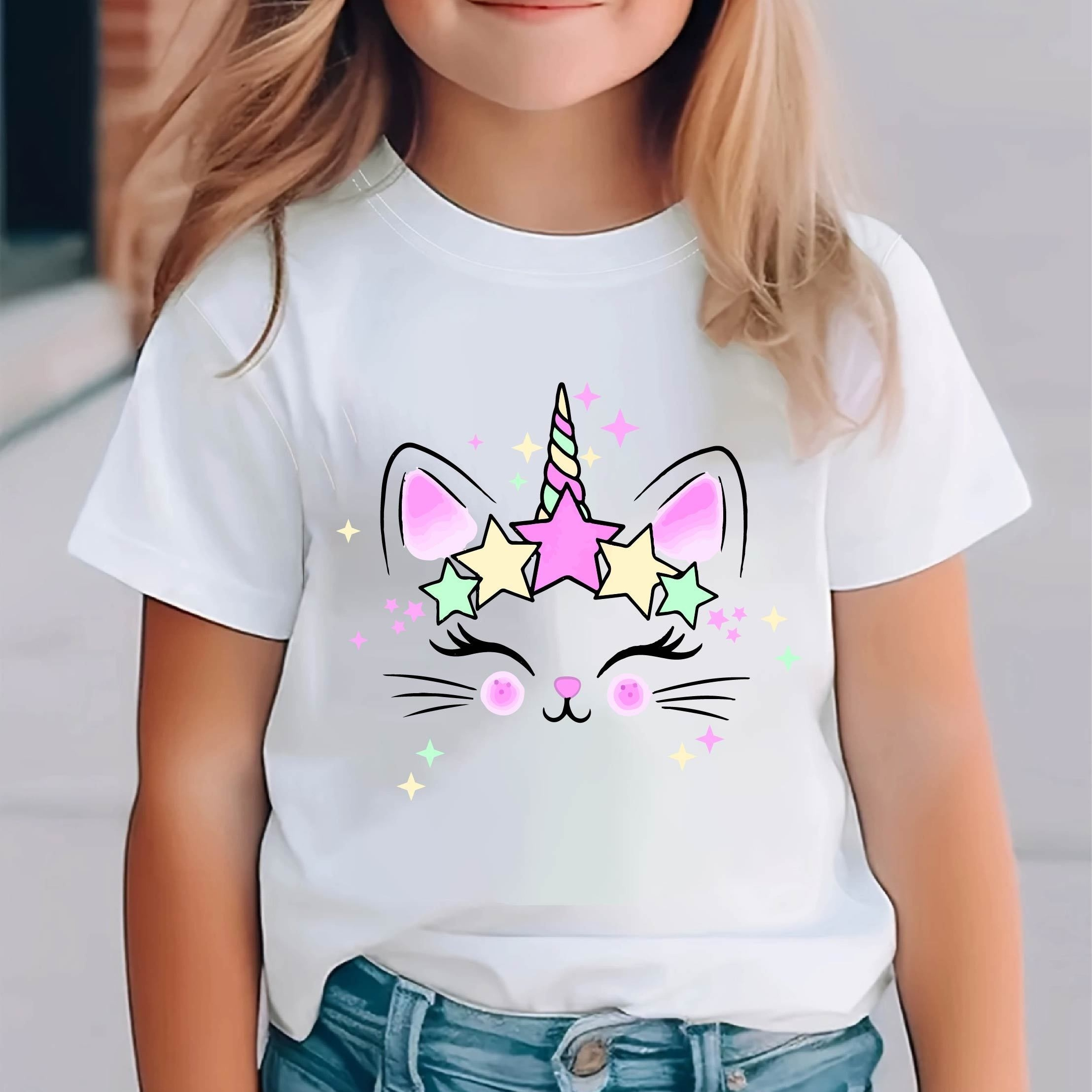 

Unicorn Cat Print Girl's Cute T-shirt, Casual Short Sleeve Comfortable Versatile Tee Tops For Summer
