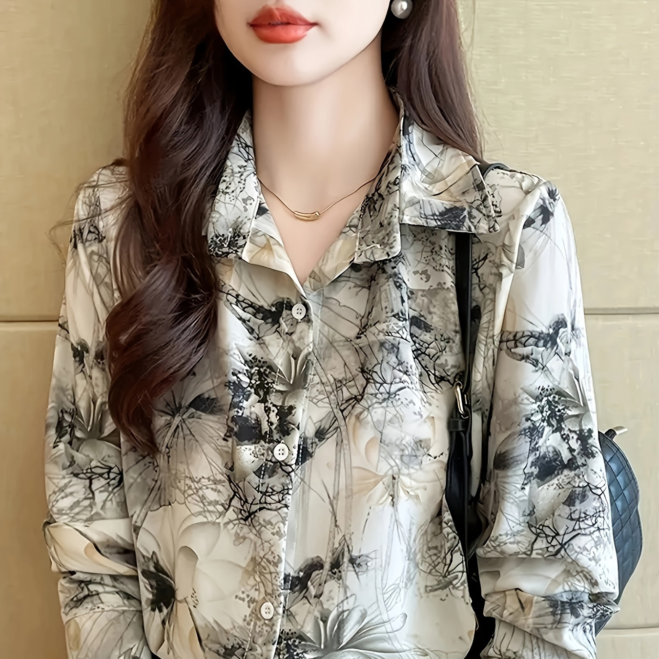 

Vintage Floral And Tribal Print Polyester Blouse With Spandex - Women's Button-up Lapel Collar Shirt For Spring And Fall - Long Sleeve Woven Top