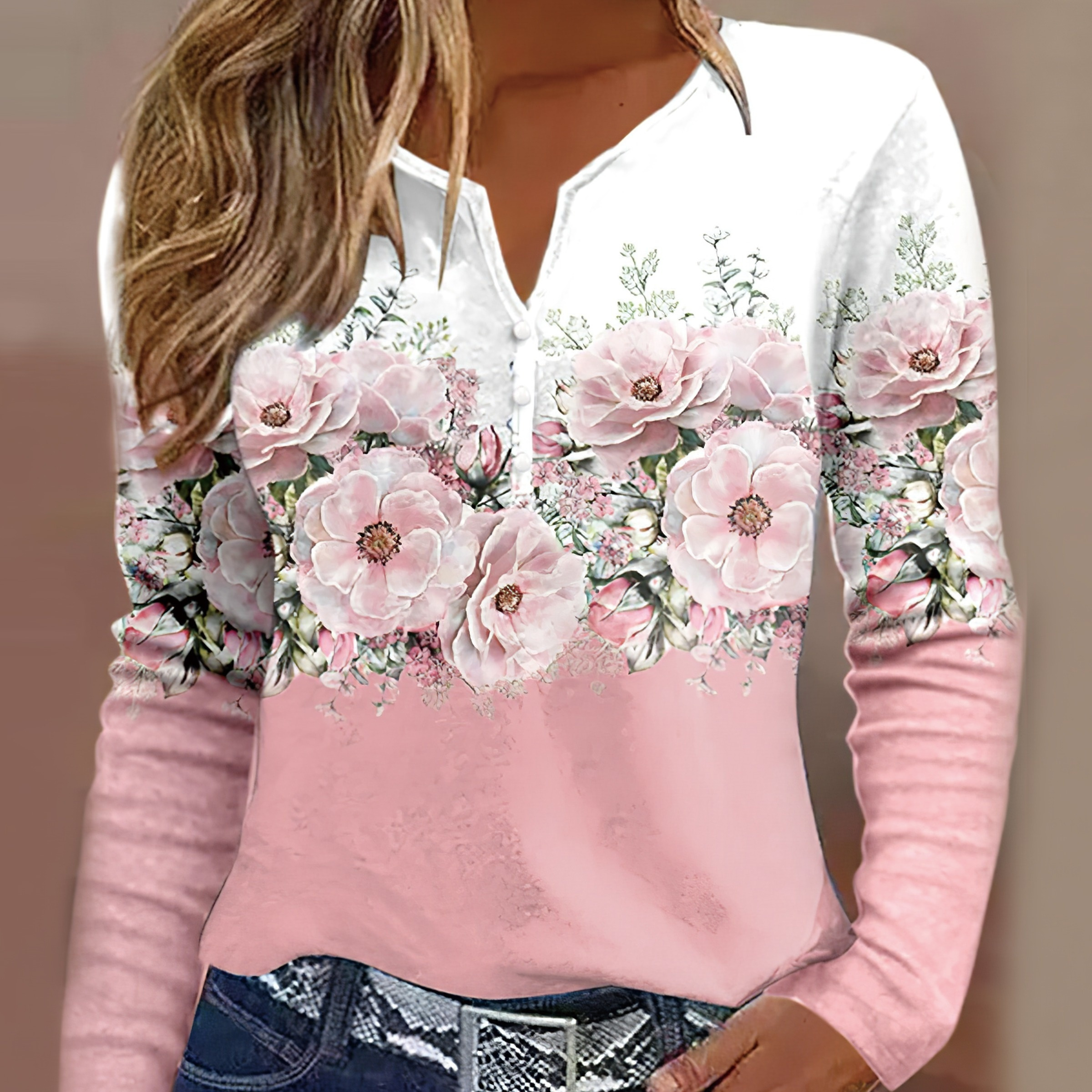 

Vintage Floral Print T-shirt, Elegant Notched Neck Long Sleeve T-shirt, Women's Clothing