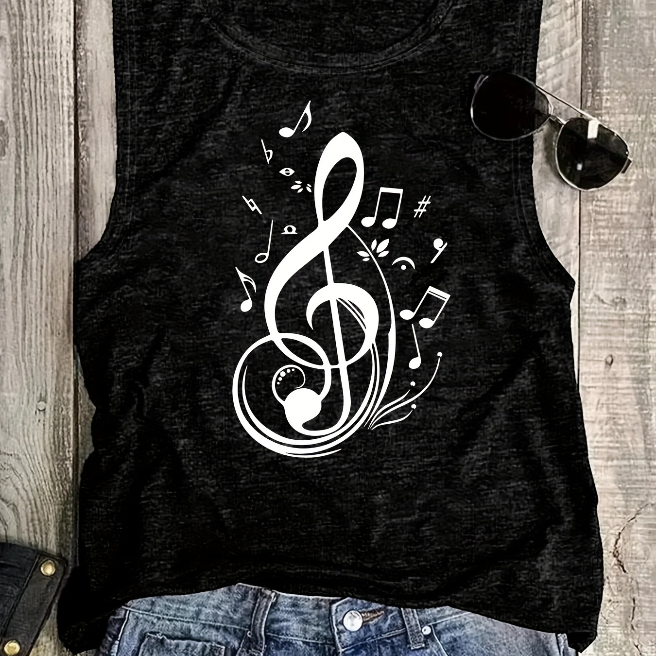 

Musical Note Print Tank Top, Sleeveless Casual Top For Summer & Spring, Women's Clothing