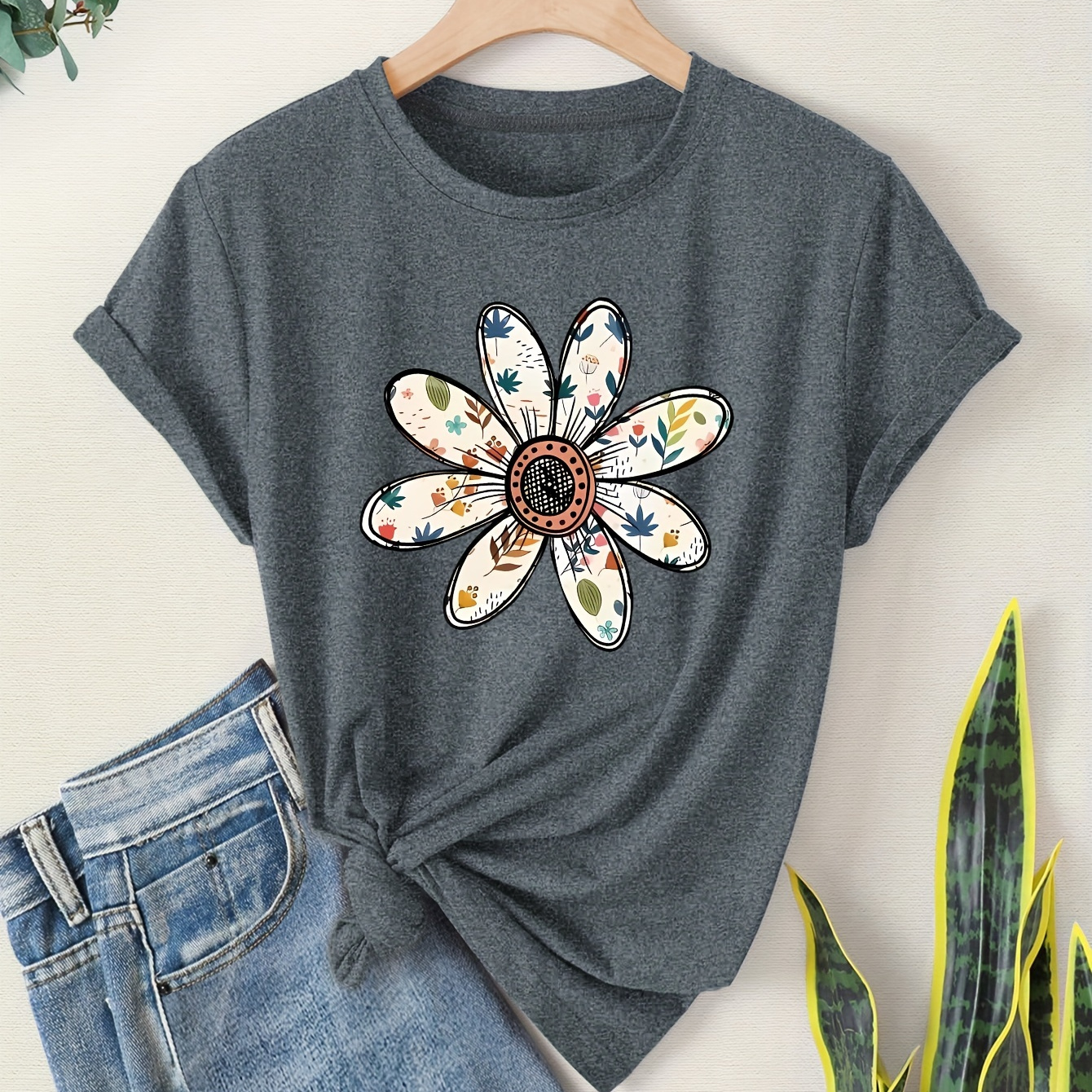 

1pc Women' Style T-shirt With Daisy Print, Casual Round Neck Short Sleeve Top For Spring/summer/autumn