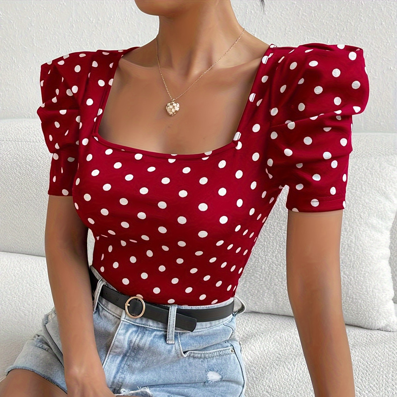 

Polka-dot Print Square Neck T-shirt, Casual Short Puff Sleeve Slim Top For Spring & Summer, Women's Clothing