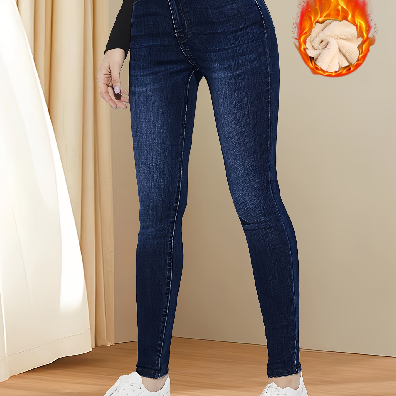 

Jean skinny taille haute pour femme - Denim élégant de couleur unie avec détail boutonné, mélange de coton ultra-extensible, doublé de polaire pour l'hiver - Bleu foncé