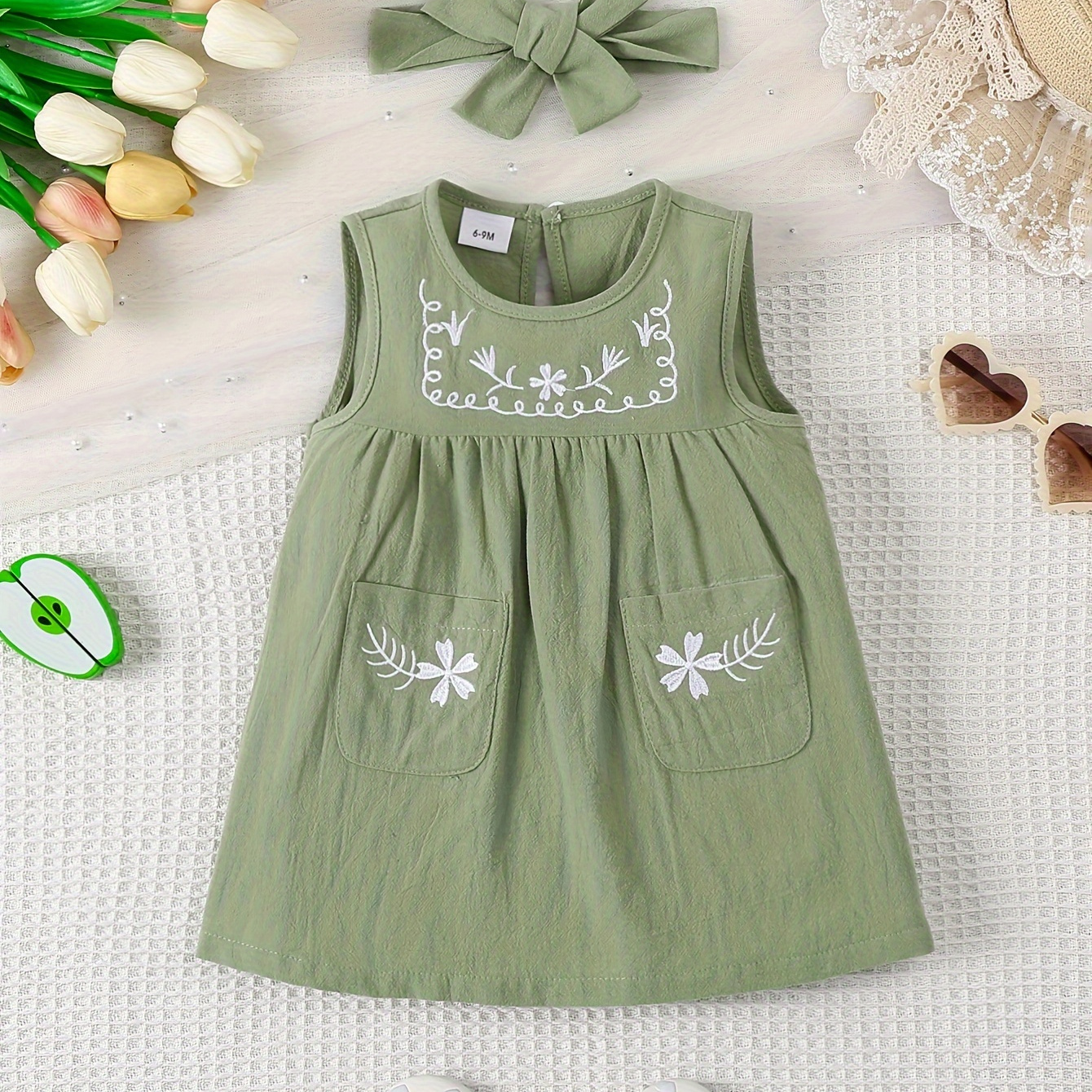 

Baby's Casual Flower Embroidered Breathable Sleeveless Dress & Hairband, Infant & Toddler Girl's Clothing For Summer Daily Wear/holiday/party, As Gift