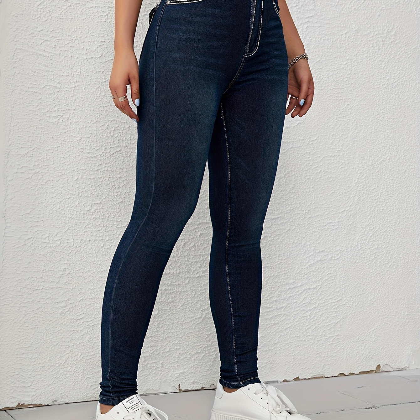 

Dark Blue Slim Fit Skinny Jeans, Versatile Slash Pockets Slight-stretch Casual Denim Pants, Women's Denim Jeans & Clothing