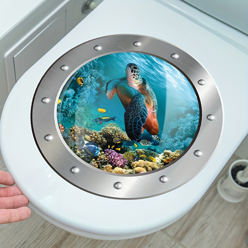 

1pc 3d Turtle Toilet Sticker, Undersea Fake Submarine Window Pattern, Self-adhesive Toilet Lid Decals