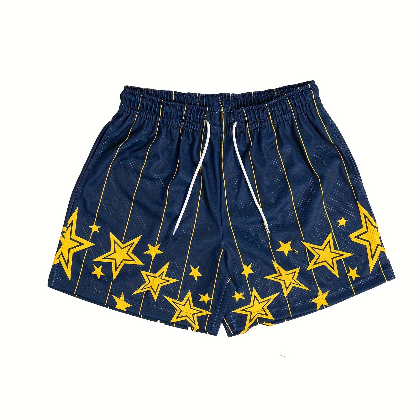 

Men's Navy Blue & Yellow Geometric Star Pattern Athletic Shorts - Casual, Loose-fit, 100% Polyester With Pockets, Drawstring Waist For Basketball & Sports Activities, Basketball Shorts