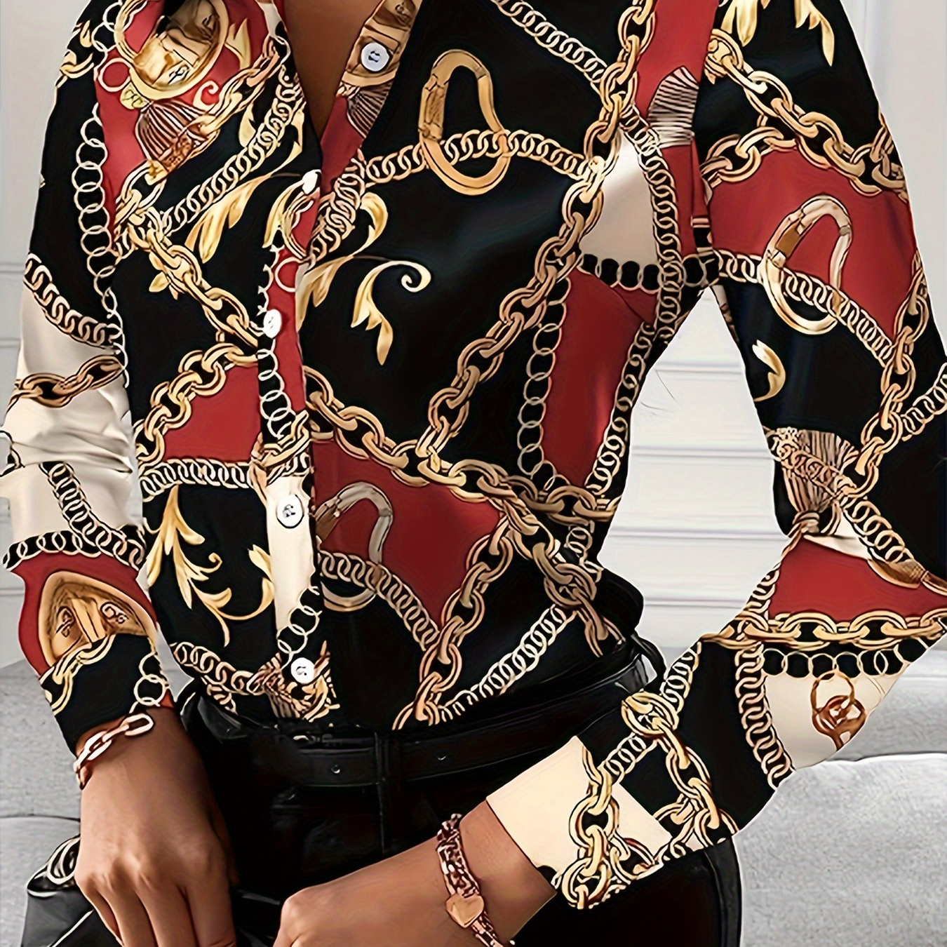 

Color Block Chain Print Button Shirt, Casual Long Sleeve Shirt For Spring & Fall, Women's Clothing