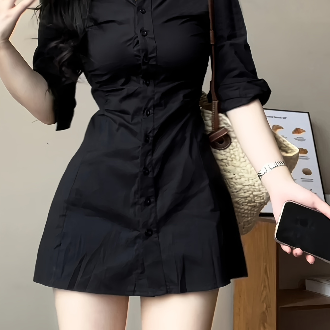 

Single Breasted Solid Color Shirt Dress, Slim Simple Dress For Spring & Fall, Women's Clothing