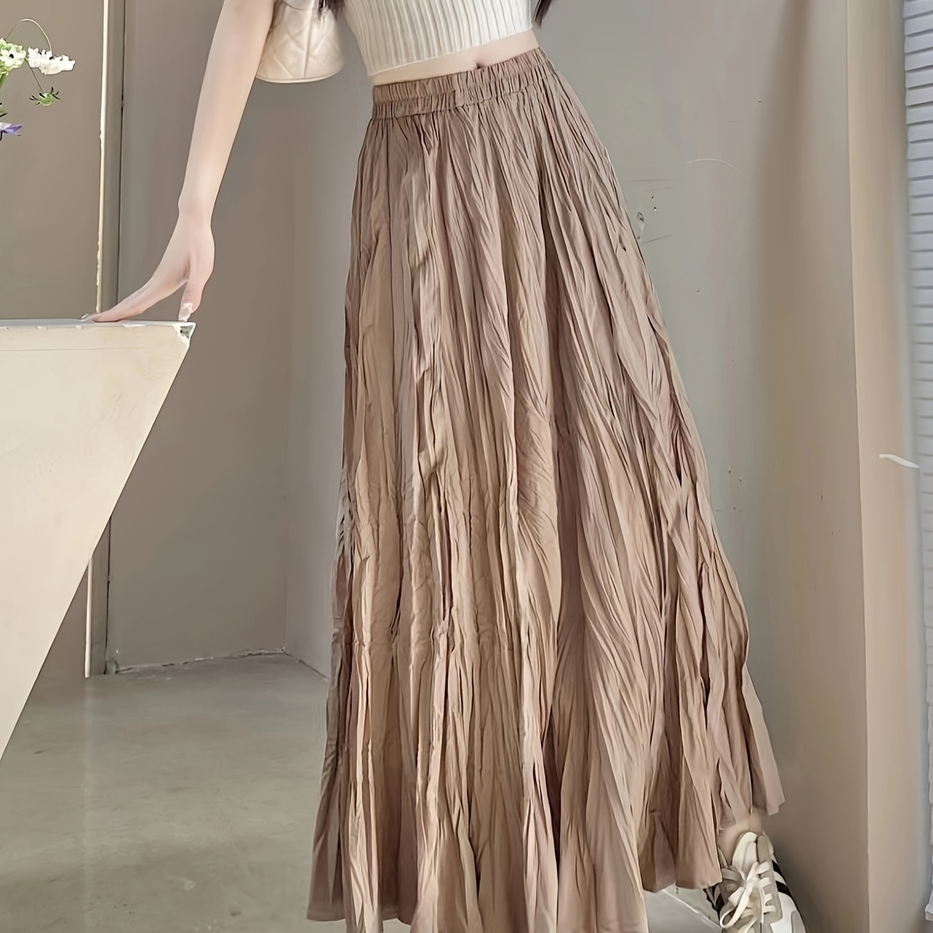 

Solid Textured Elastic Waist Skirt, Versatile Swing Skirt For Spring & Summer, Women's Clothing