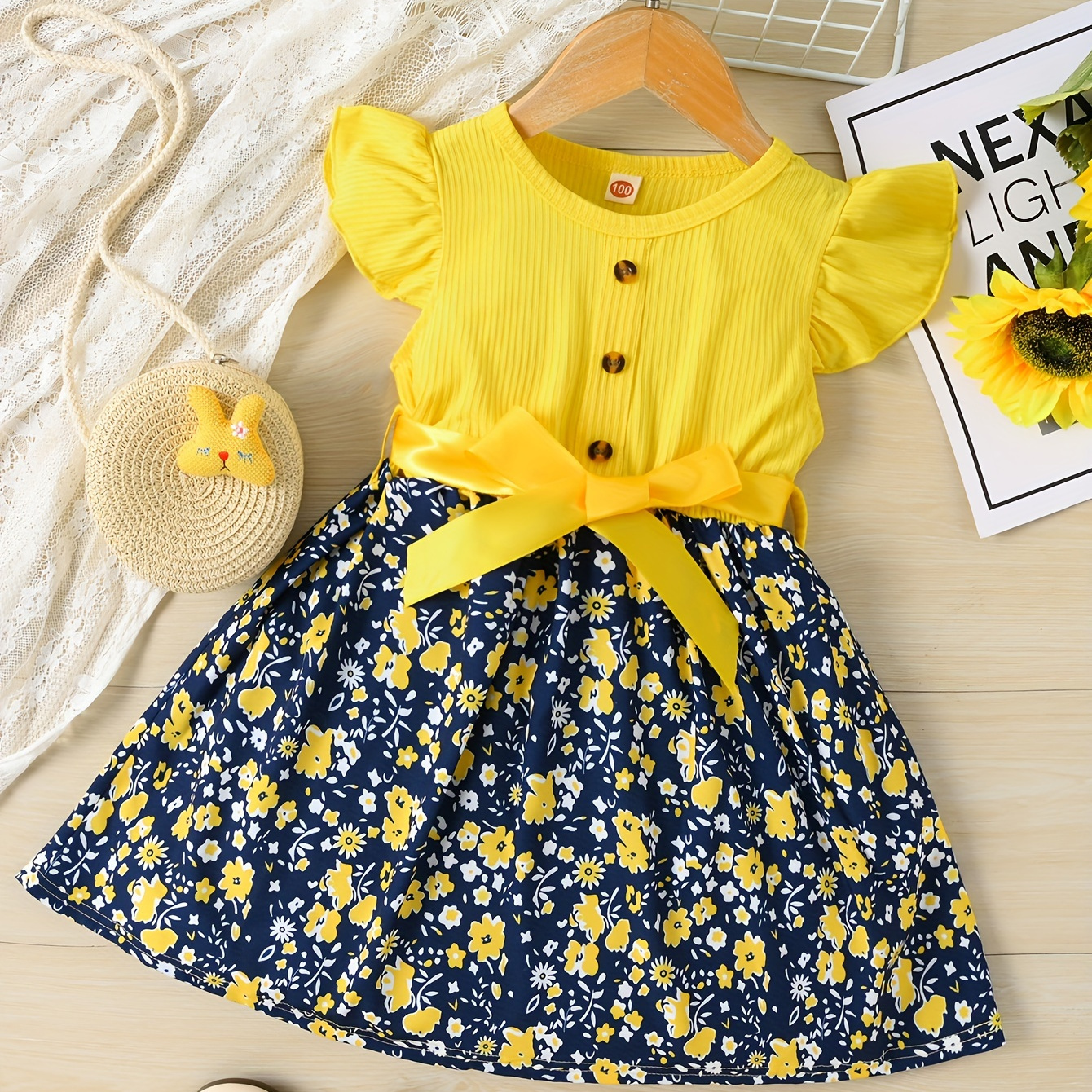 

Girls Sweet Flutter Sleeve Floral Spliced Casual Dress - Ideal For Holiday Summer Gift