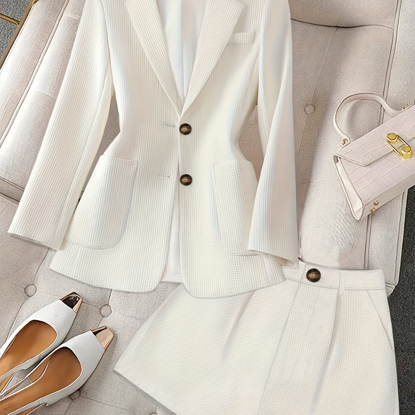 

Button Front Solid Color Elegant Suit Set, Slim Fit Long Sleeve Blazer & Tucked High Waist Wide Leg Shorts, Women's Clothing