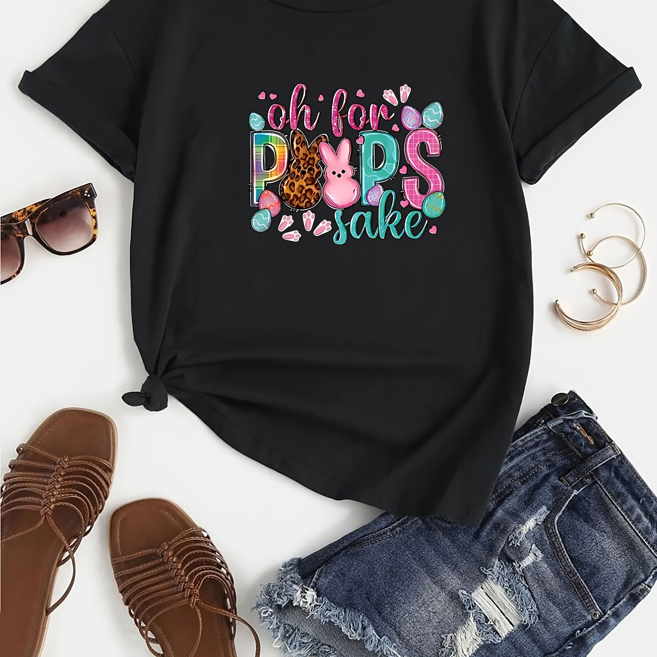 

Plus Size Bunny & Letter Print T-shirt, Casual Short Sleeve Top For Spring & Summer, Women's Plus Size Clothing