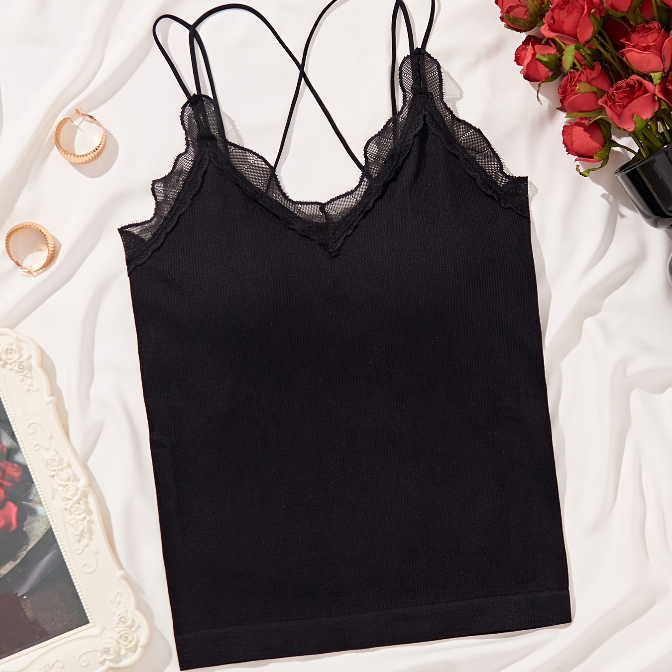 

Women's Lace Trim Seamless Camisole With Built-in Bra, Romantic Style 2-in-1 Spaghetti Strap Tank Top, Black, Breathable Fabric, Versatile Innerwear Or Outerwear
