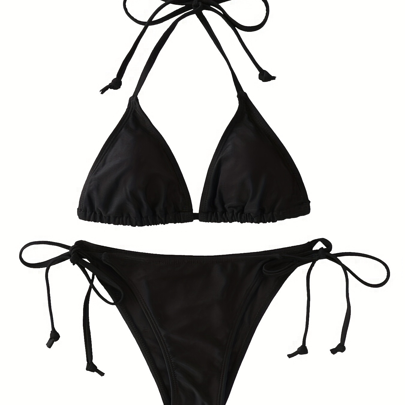 

Ensemble bikini 2 pièces triangle noir uni avec bretelles nouées au dos et dos, maillots de bain et vêtements pour femmes