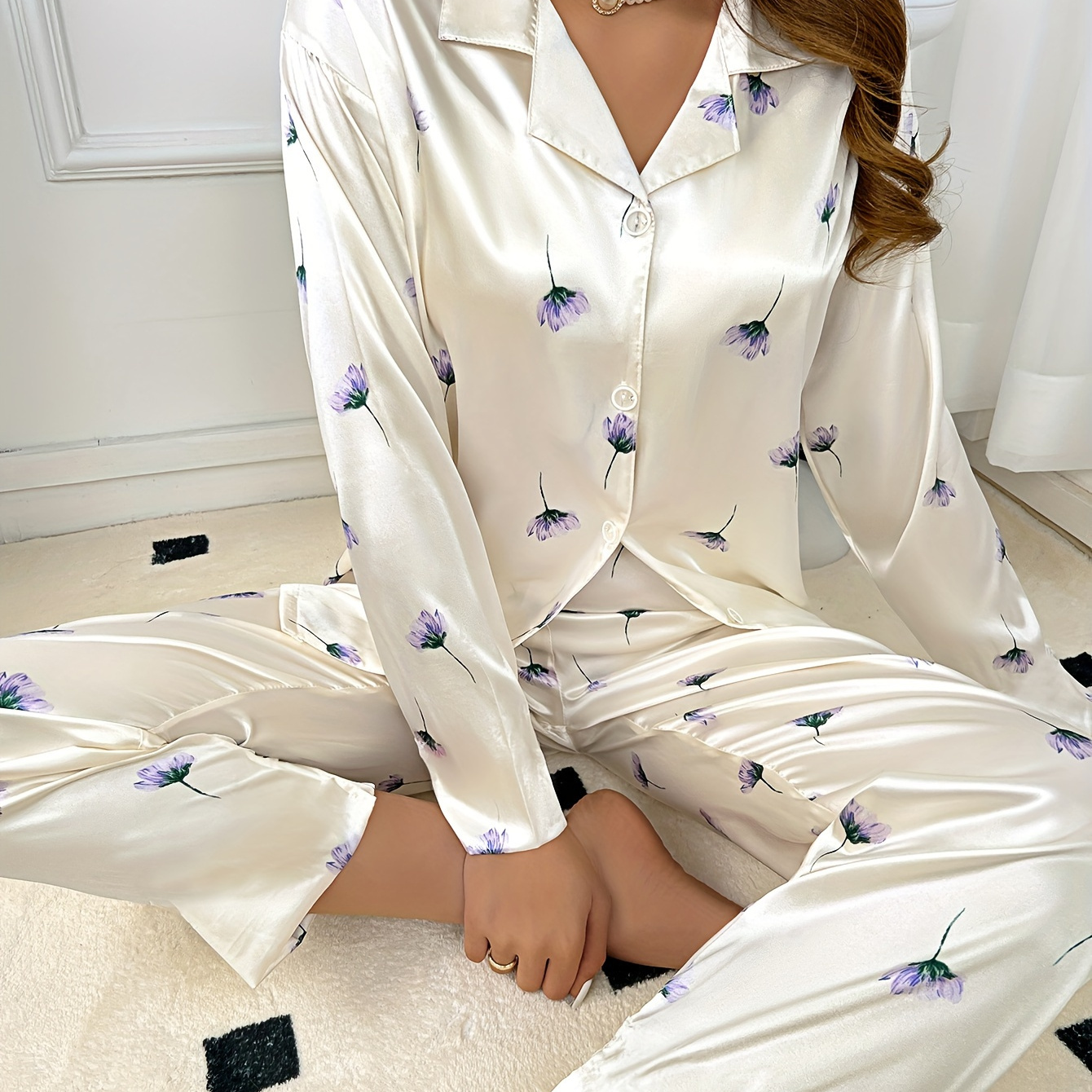 

Elegant Floral Plus Size Satin Pajama Set For Women - Polyester , , Sleepwear, Woven Long Sleeve And Pants Lounge Wear