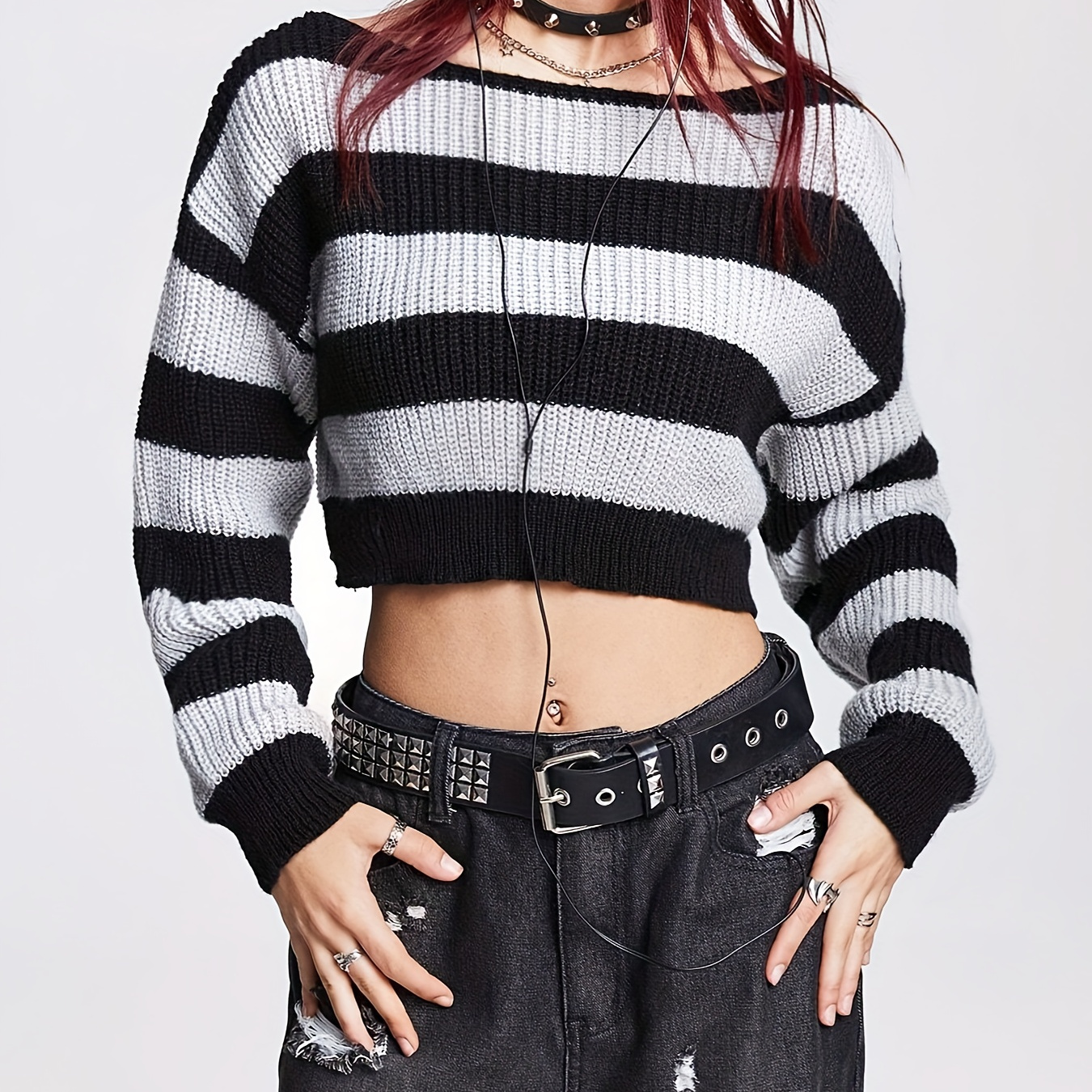 

Stripe Crop Crew Neck Sweater, Y2k Drop Shoulder Long Sleeve Sweater For Fall & Winter, Women's Clothing
