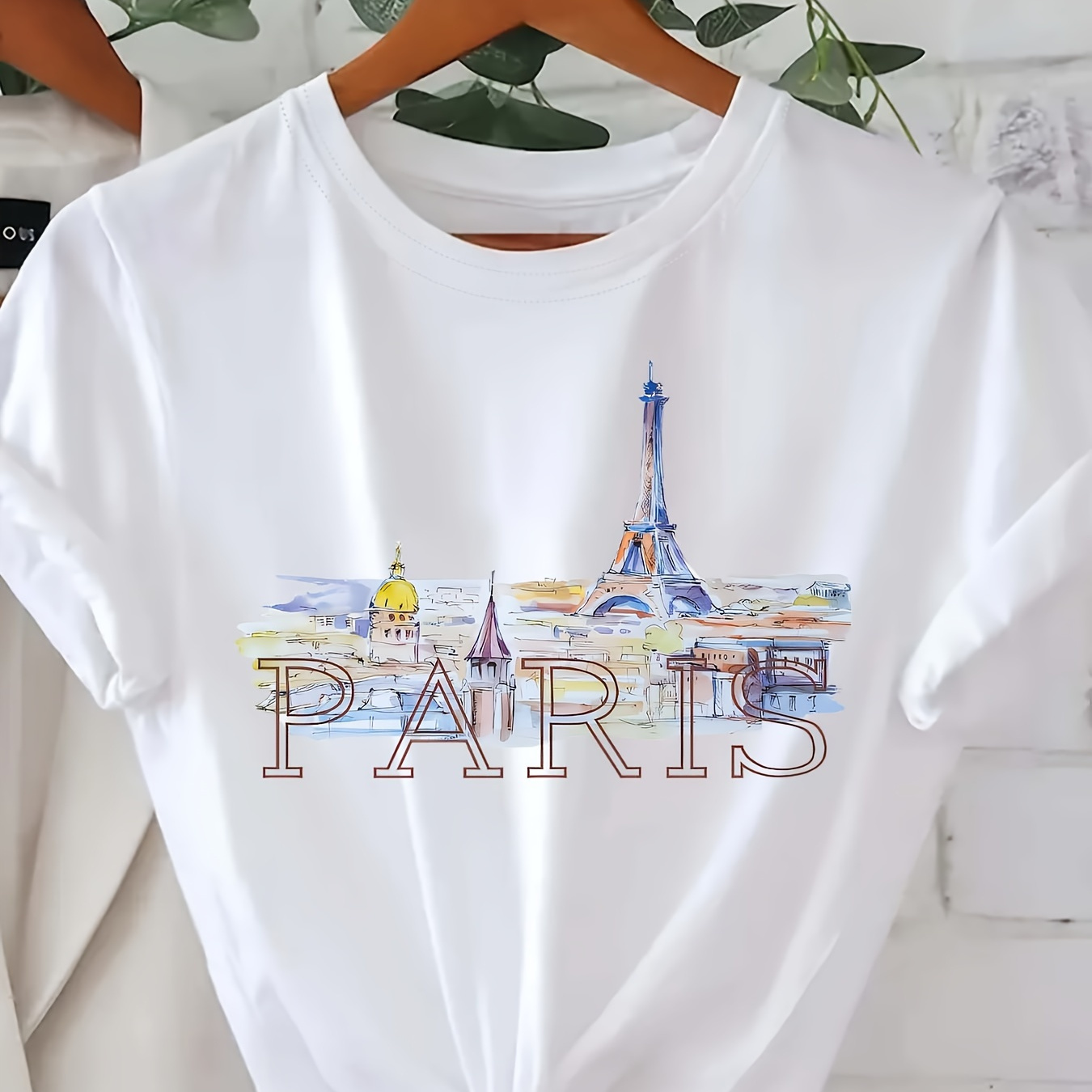 

Paris Print T-shirt, Short Sleeve Crew Neck Casual Top For Summer & Spring, Women's Clothing