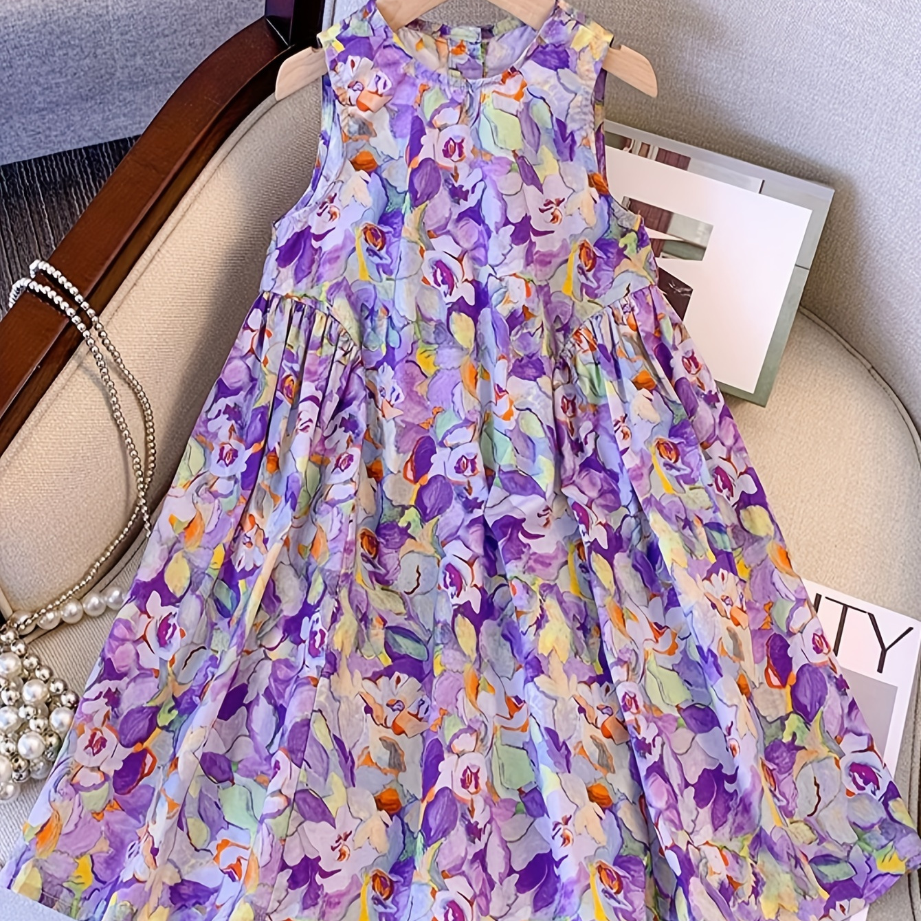 

Purple Floral Girl's Cotton Sundress, Sleeveless Swing Dress For Summer Outdoor Vacation