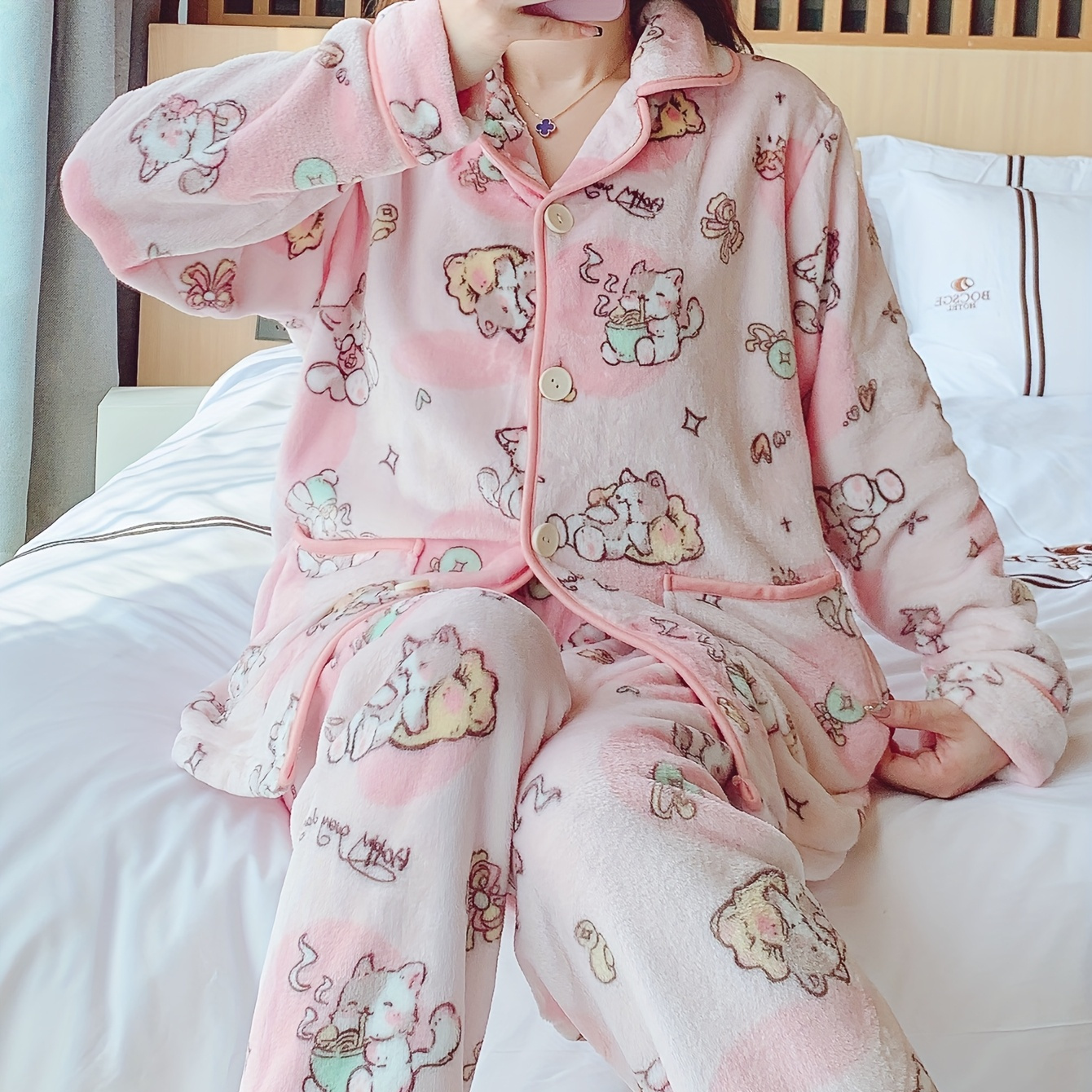 

Women's Set, Fleece Long Sleeve Lapel Top And Long Pants, For Fall/