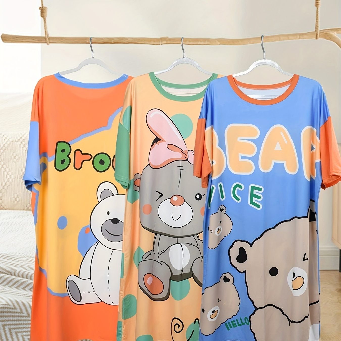 

3 Pcs Women's Cartoon Cute Bow Bear Nightdress Set, Letter Print Nightgowns, Round Neck Drop Shoulder Underwear, Loose Baggy , , Soft Comfortable Sleepwear Breathable Sleepshirt