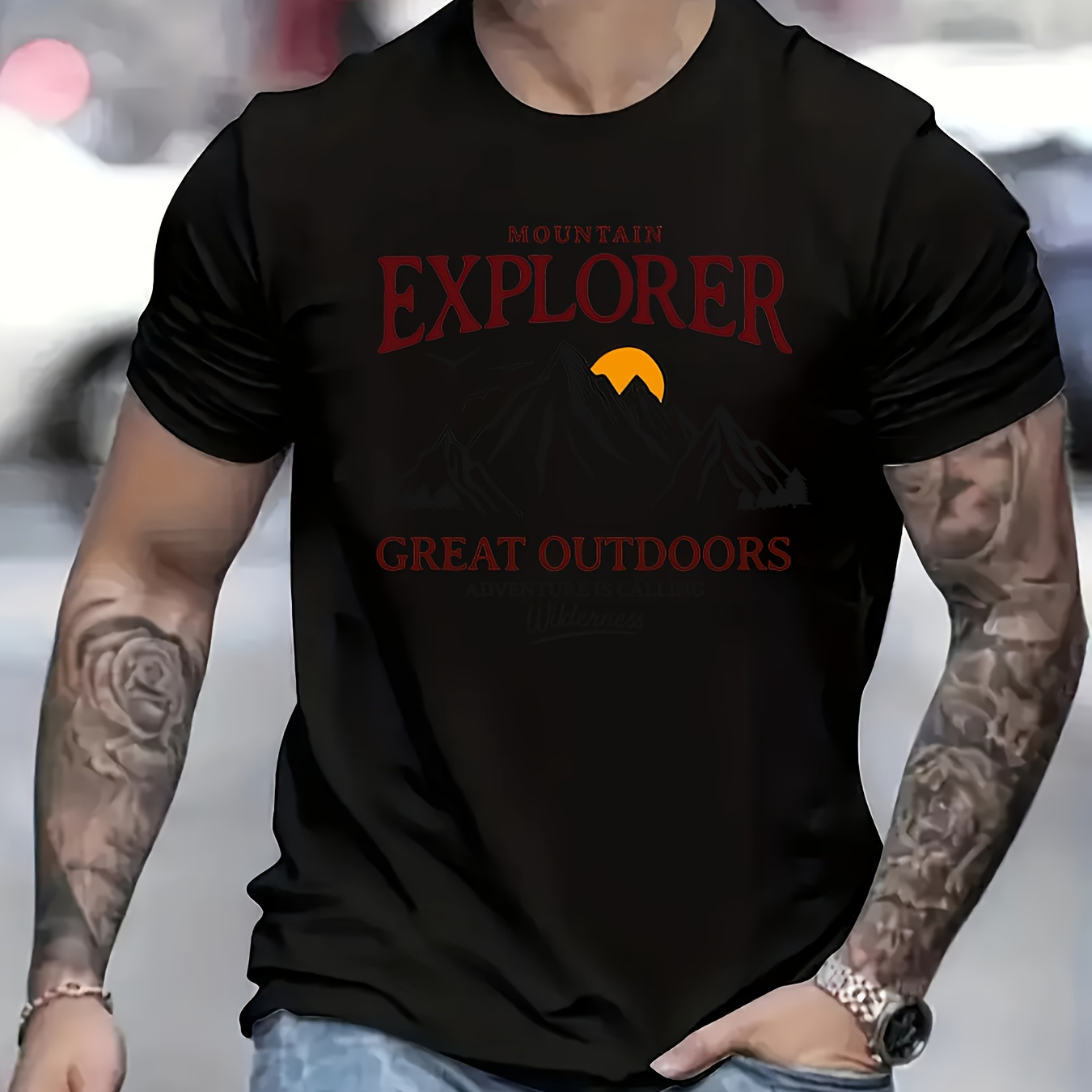 

Mountain Print Men's Creative Top, Casual Short Sleeve Crew Neck T-shirt, Men's Clothing For Summer Outdoor