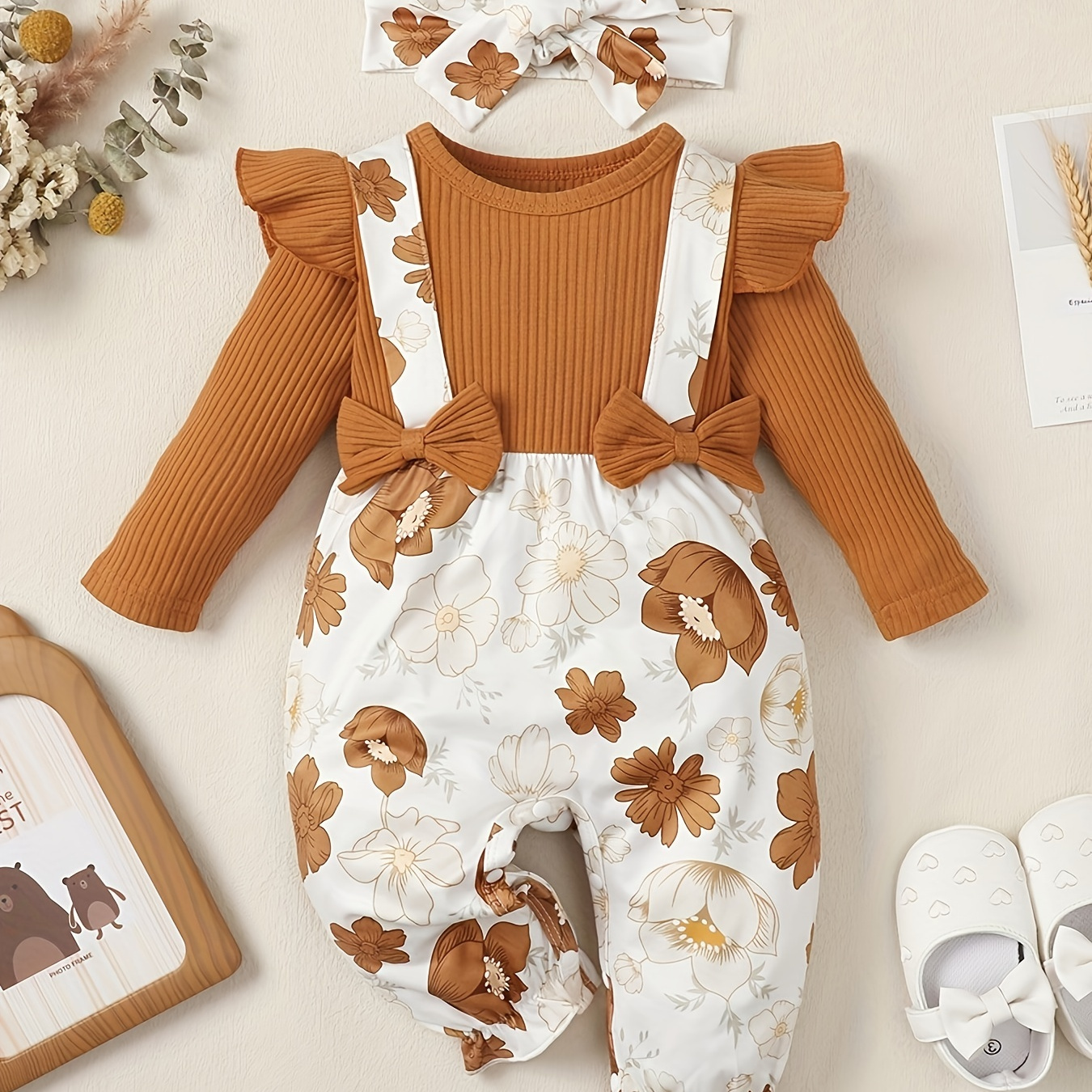 

Baby Girls Long Sleeve Flower Print Cute Bodysuit With Bows For Spring And Autumn