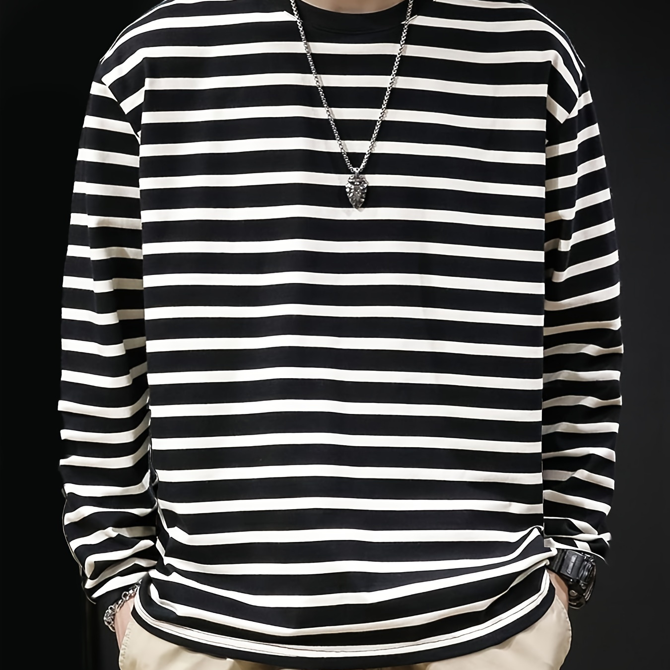 

Men's All Color Striped T-shirt, Crew Neck And Long Sleeve Tee, Casual And Trendy Tops For Daily Outerwear