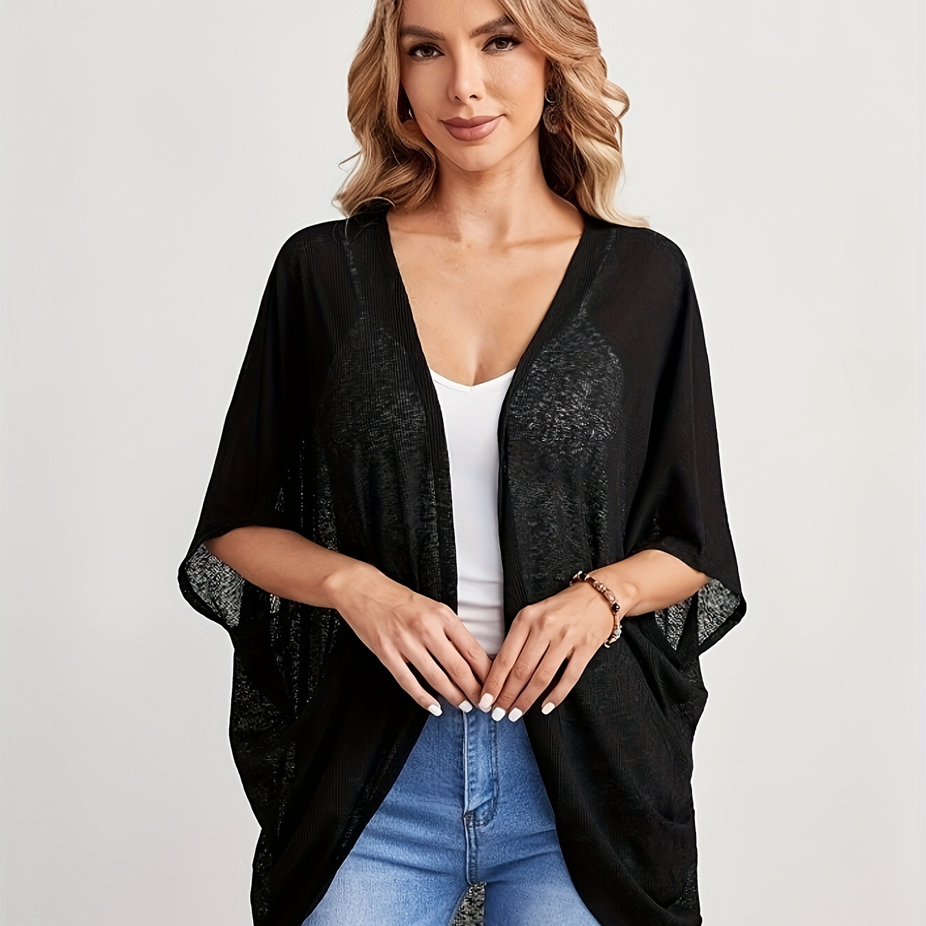 

Solid Color Open Front Cardigan, Versatile Batwing Sleeve Loose Simple Cardigan For Spring & Fall, Women's Clothing