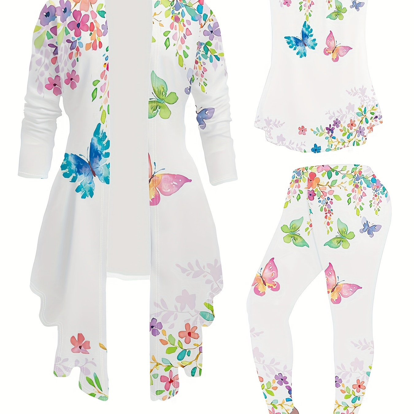 

Women's 3-piece Set Polyester Blouse And Pants Outfit With Floral Print, Elegant And Comfortable, Machine Washable