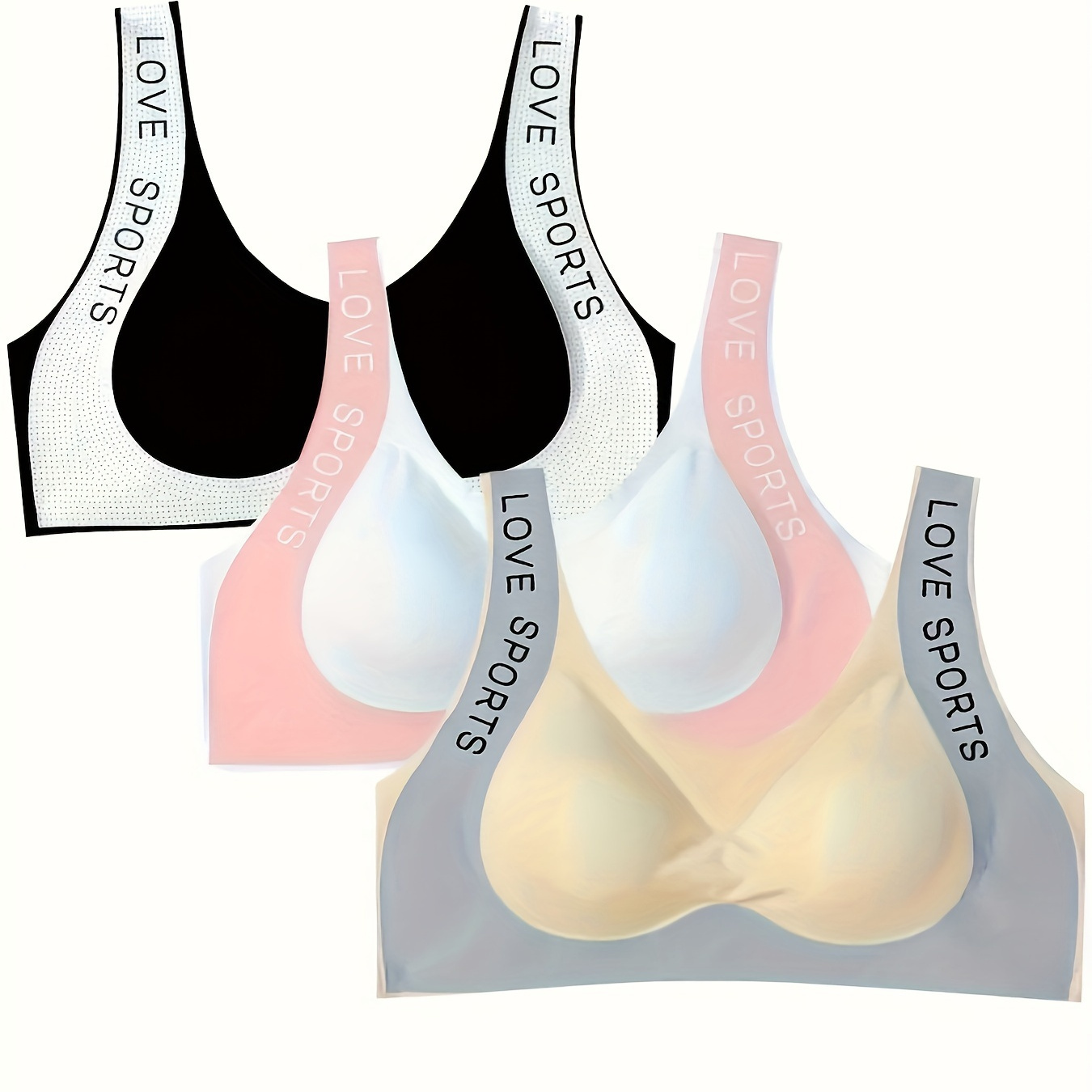 

3 Pieces Women' Sports Bra With Letter Print Wide Straps, Push-up Bra, Ideal For Exercise & Casual Wear