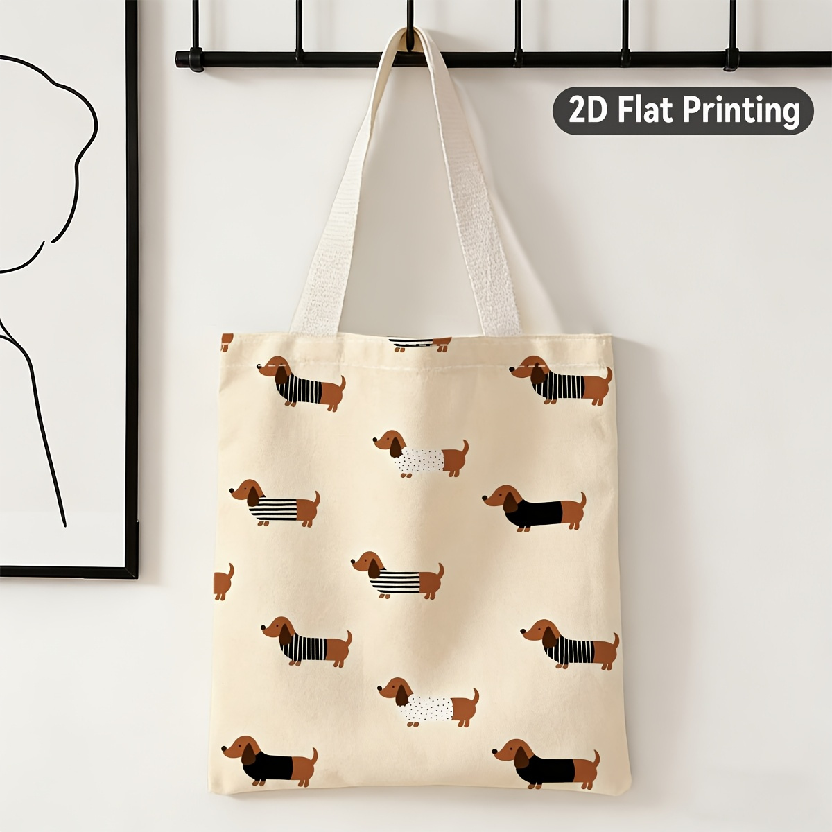TEMU 1pc Cute Dachshund Tote Bag Suitable For Grocery Shopping & Weekend , Durable With Adorable Sausage Dog Print, Hand Washable For &, //tan For