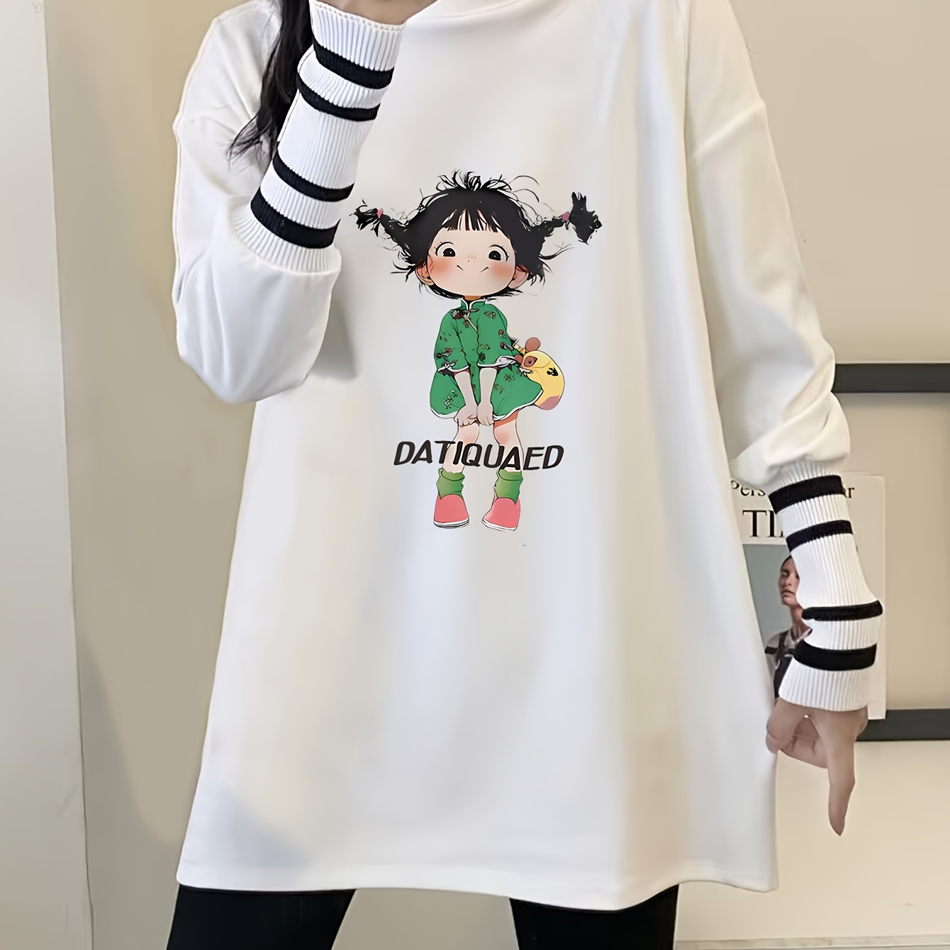 

Women's Long Sleeve Cotton T-shirt, Y2k Cartoon Print, Round Neck, Long Length, Autumn/winter Fashion, Knitted Fabric, Casual Top